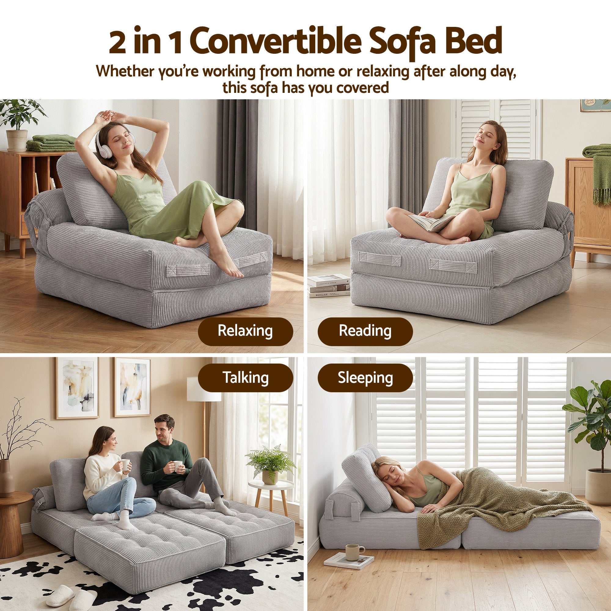 1 Seater Corduroy Convertible Sofa Bed Pull Out Boneless Couch Grey - Furniture > Sofas > Sofas & Sofa Beds - Rivercity House & Home Co. (ABN 18 642 972 209) - Affordable Modern Furniture Australia