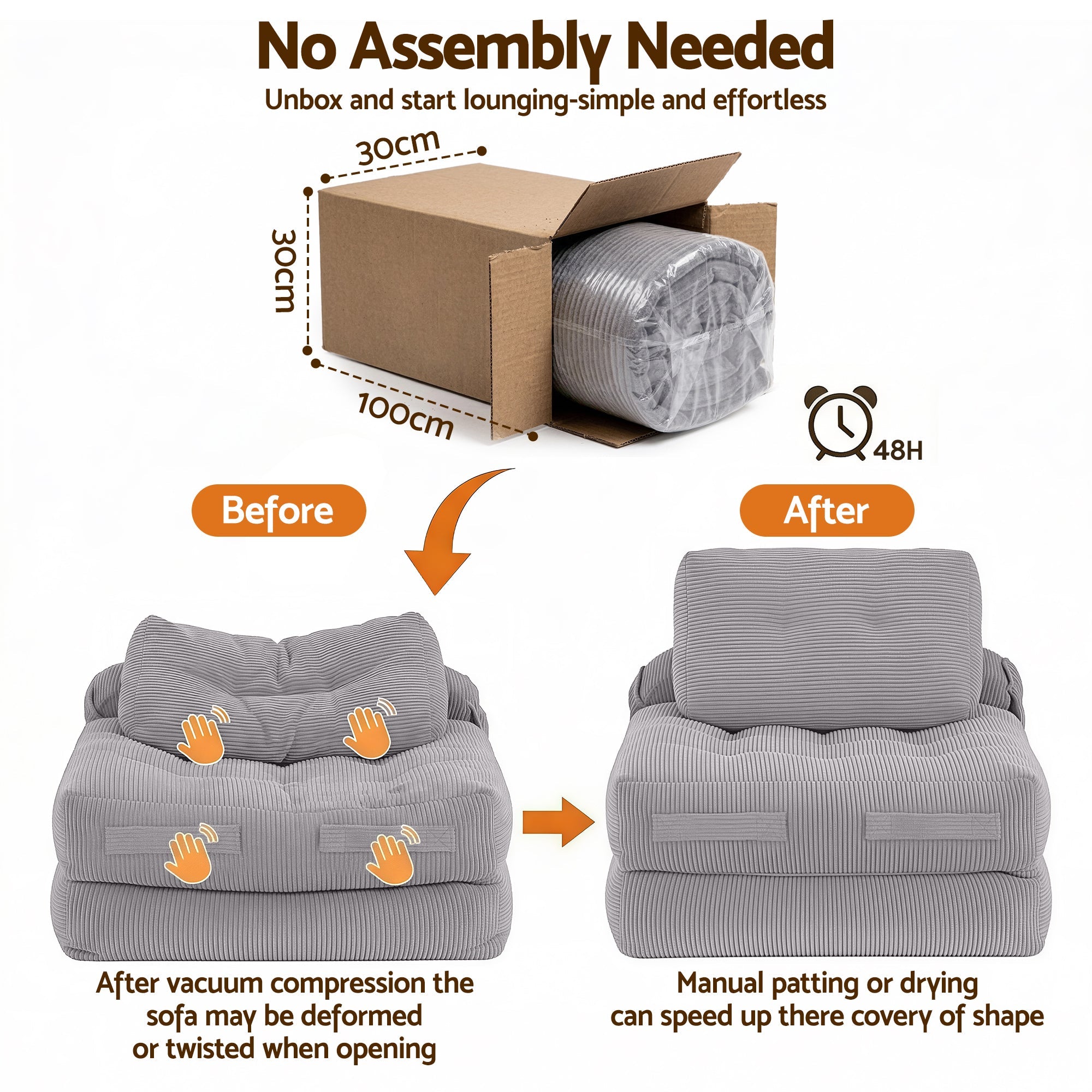 1 Seater Corduroy Convertible Sofa Bed Pull Out Boneless Couch Grey - Furniture > Sofas > Sofas & Sofa Beds - Rivercity House & Home Co. (ABN 18 642 972 209) - Affordable Modern Furniture Australia