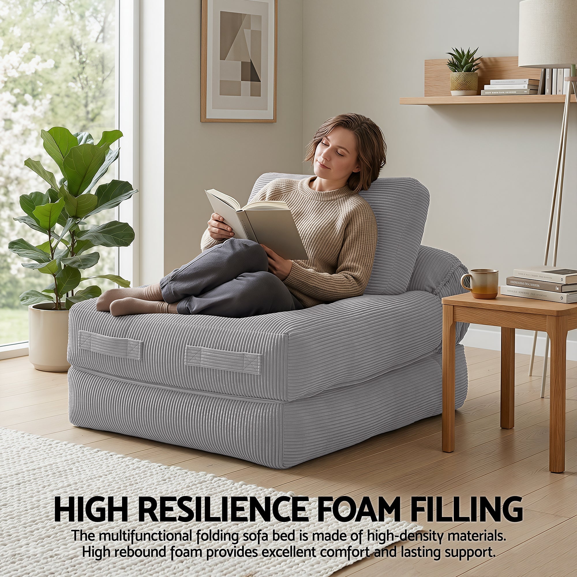 1 Seater Corduroy Convertible Sofa Bed Pull Out Boneless Couch Grey - Furniture > Sofas > Sofas & Sofa Beds - Rivercity House & Home Co. (ABN 18 642 972 209) - Affordable Modern Furniture Australia