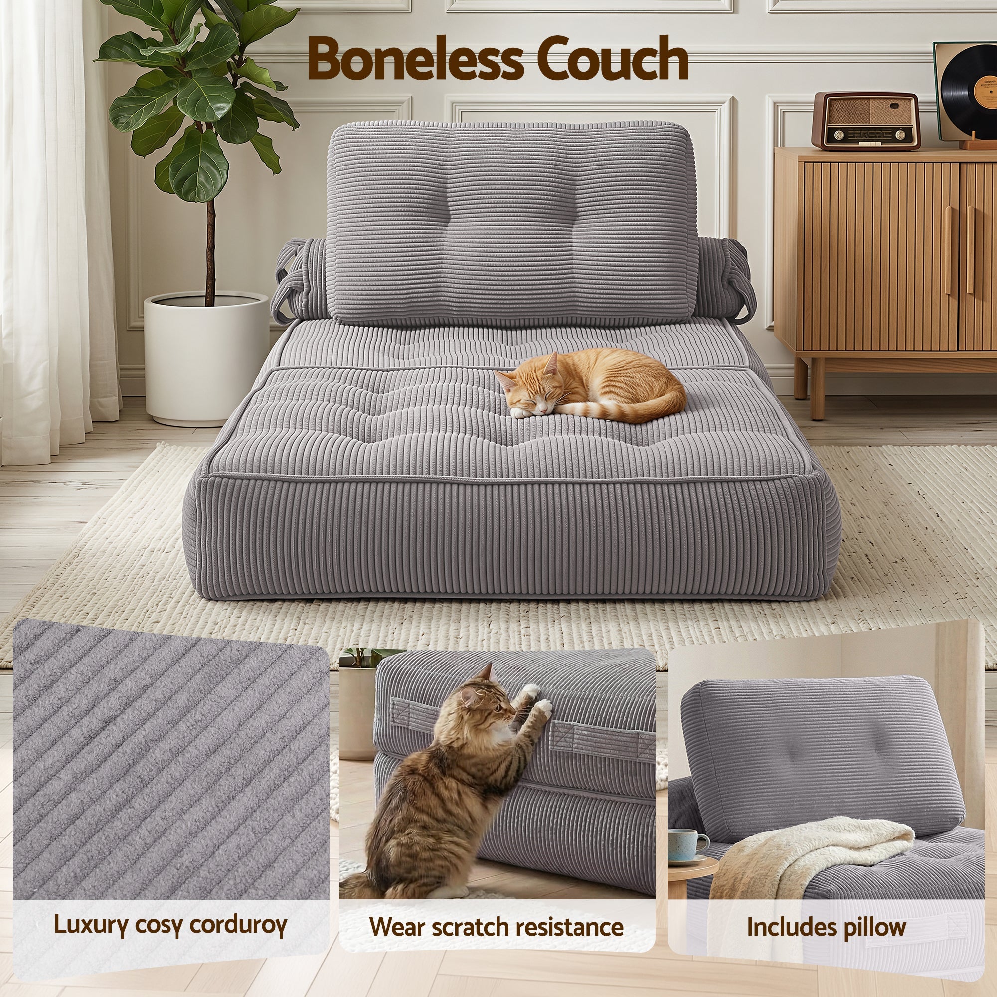 1 Seater Corduroy Convertible Sofa Bed Pull Out Boneless Couch Grey - Furniture > Sofas > Sofas & Sofa Beds - Rivercity House & Home Co. (ABN 18 642 972 209) - Affordable Modern Furniture Australia
