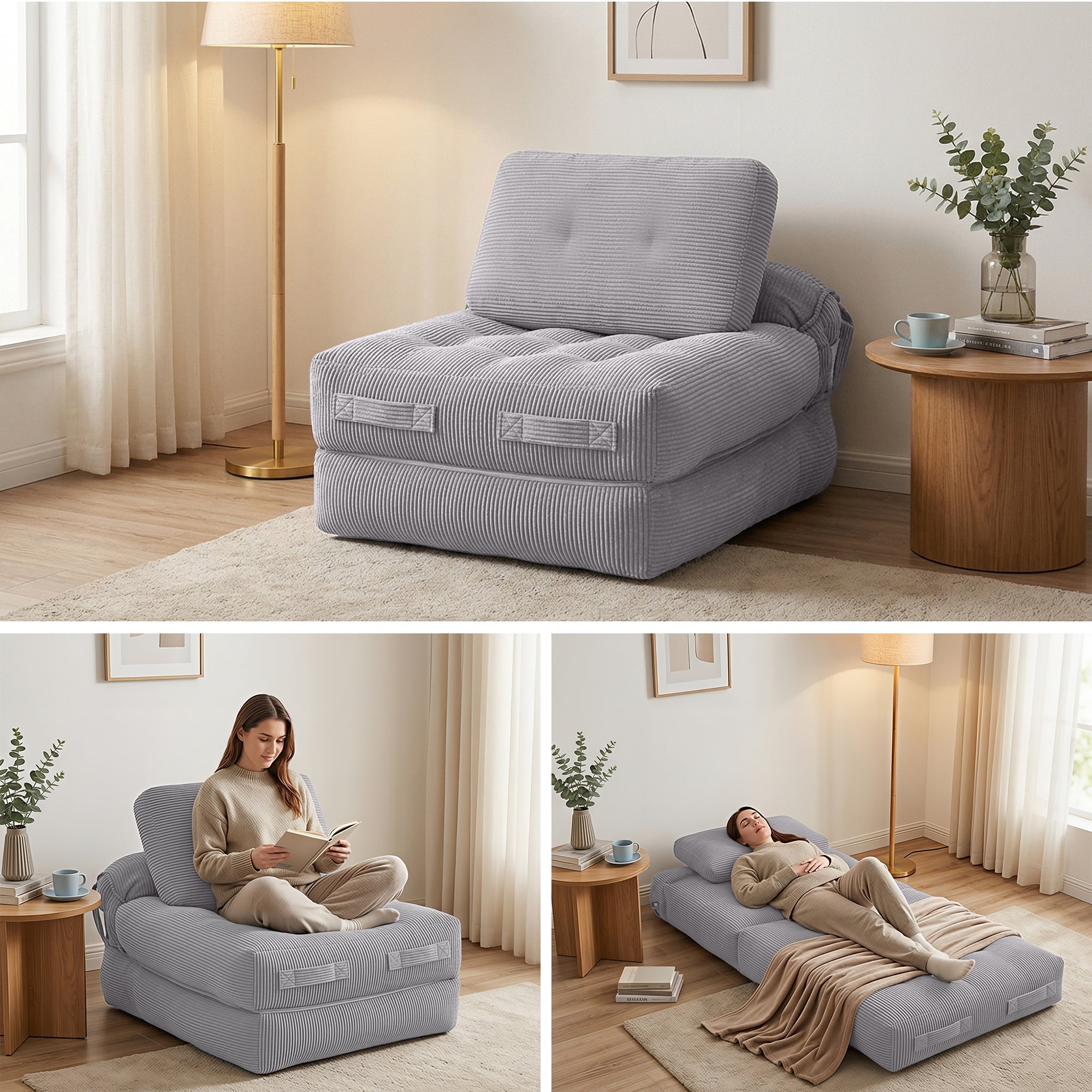 1 Seater Corduroy Convertible Sofa Bed Pull Out Boneless Couch Grey - Furniture > Sofas > Sofas & Sofa Beds - Rivercity House & Home Co. (ABN 18 642 972 209) - Affordable Modern Furniture Australia