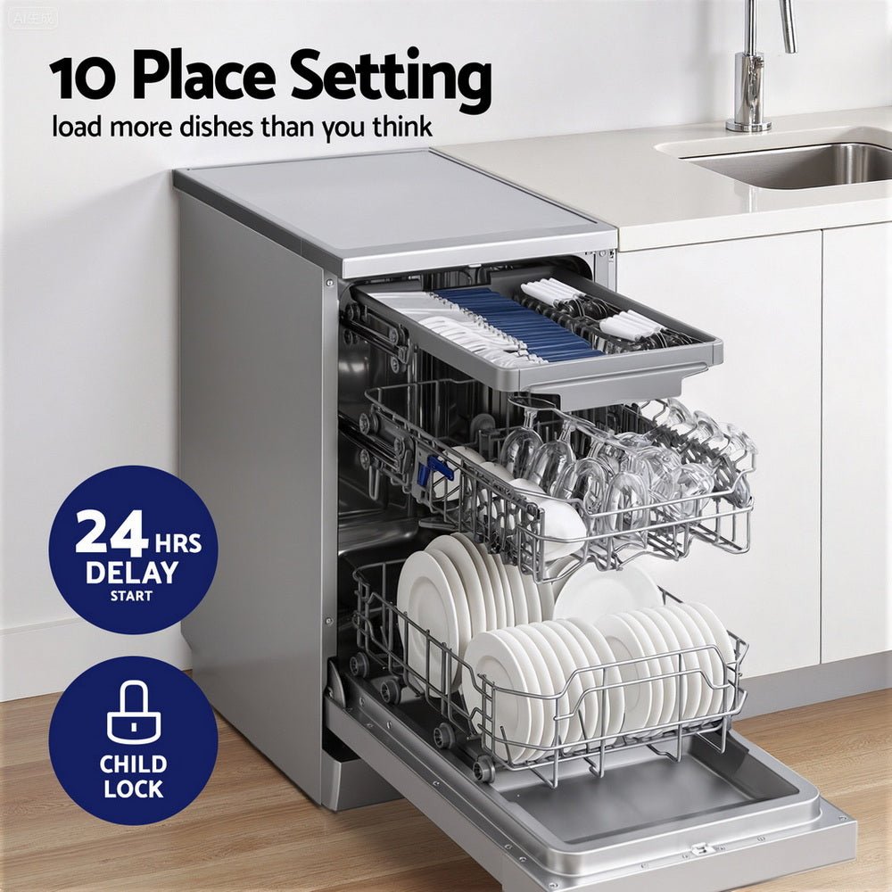10 Place Settings Freestanding Dishwasher Silver - Appliances > Kitchen Appliances > Dishwashers - Rivercity House & Home Co. (ABN 18 642 972 209) - Affordable Modern Furniture Australia