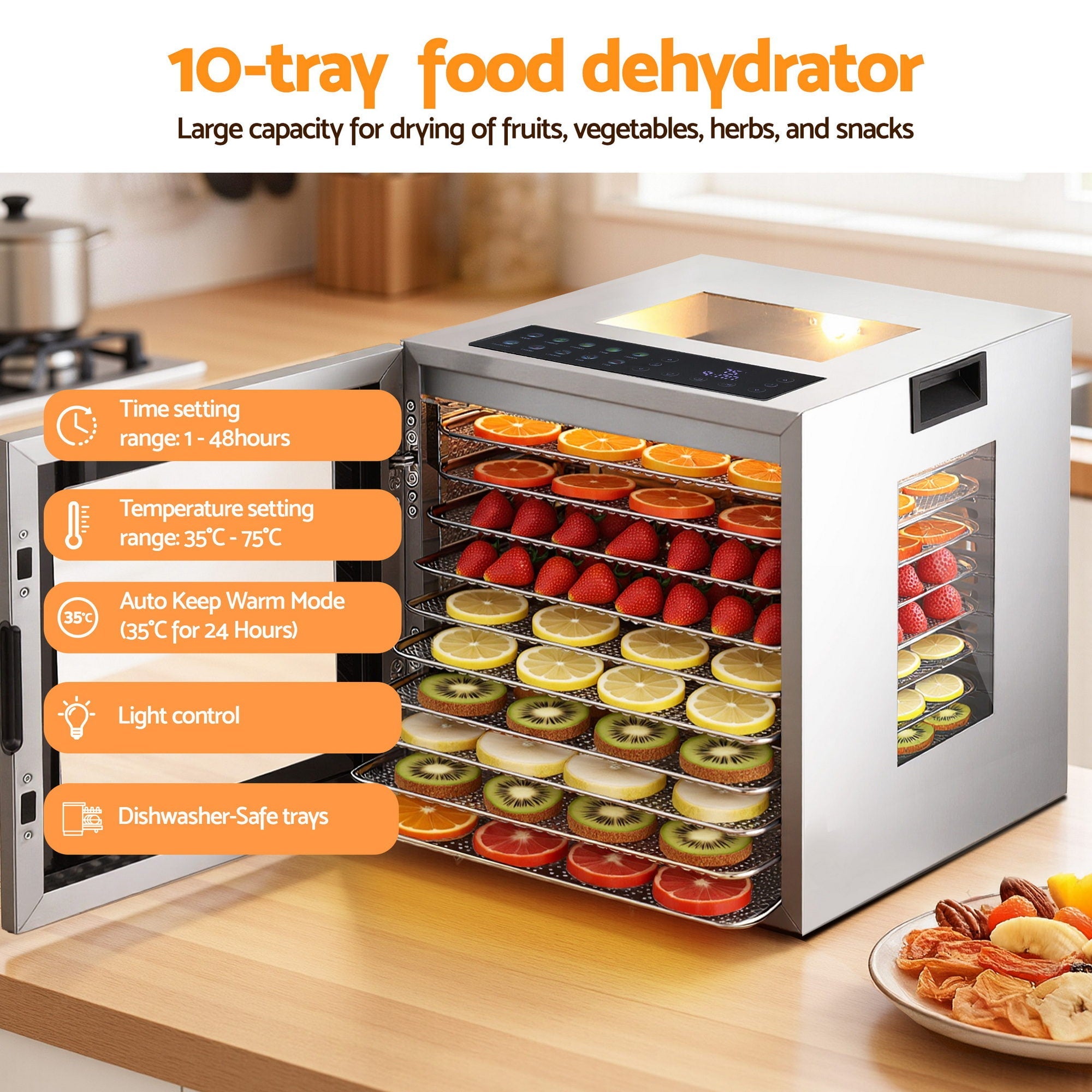 10 Trays Food Dehydrator Stainless Steel Visible Glass Door 850W - Appliances > Kitchen Appliances > Food Dehydrators - Rivercity House & Home Co. (ABN 18 642 972 209) - Affordable Modern Furniture Australia