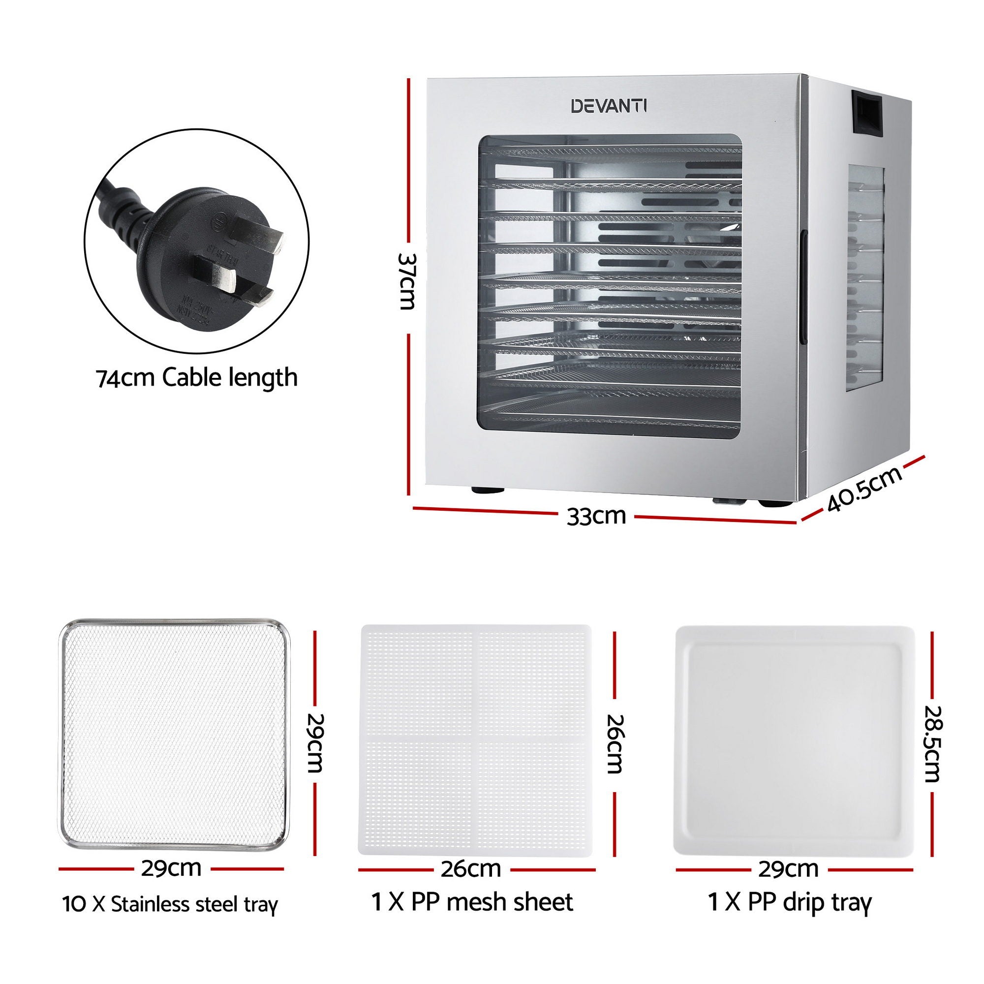 10 Trays Food Dehydrator Stainless Steel Visible Glass Door 850W - Appliances > Kitchen Appliances > Food Dehydrators - Rivercity House & Home Co. (ABN 18 642 972 209) - Affordable Modern Furniture Australia