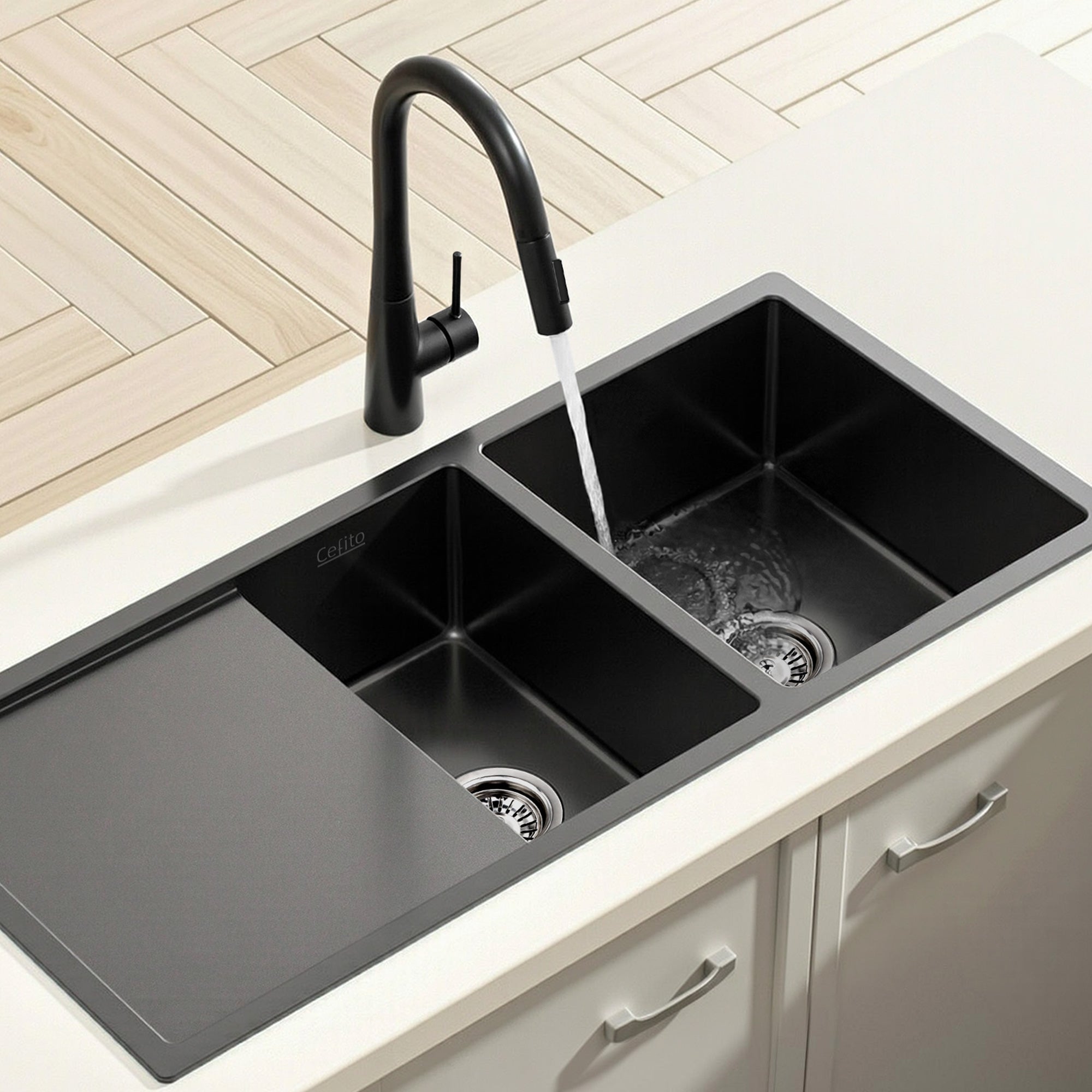 100x45cm Stainless Steel Double Bowl Kitchen Sink with Pull - Out Mixer Tap - Black - Furniture > Dining > Kitchen Sinks - Rivercity House & Home Co. (ABN 18 642 972 209) - Affordable Modern Furniture Australia