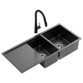 100x45cm Stainless Steel Double Bowl Kitchen Sink with Pull-Out Mixer Tap - Black