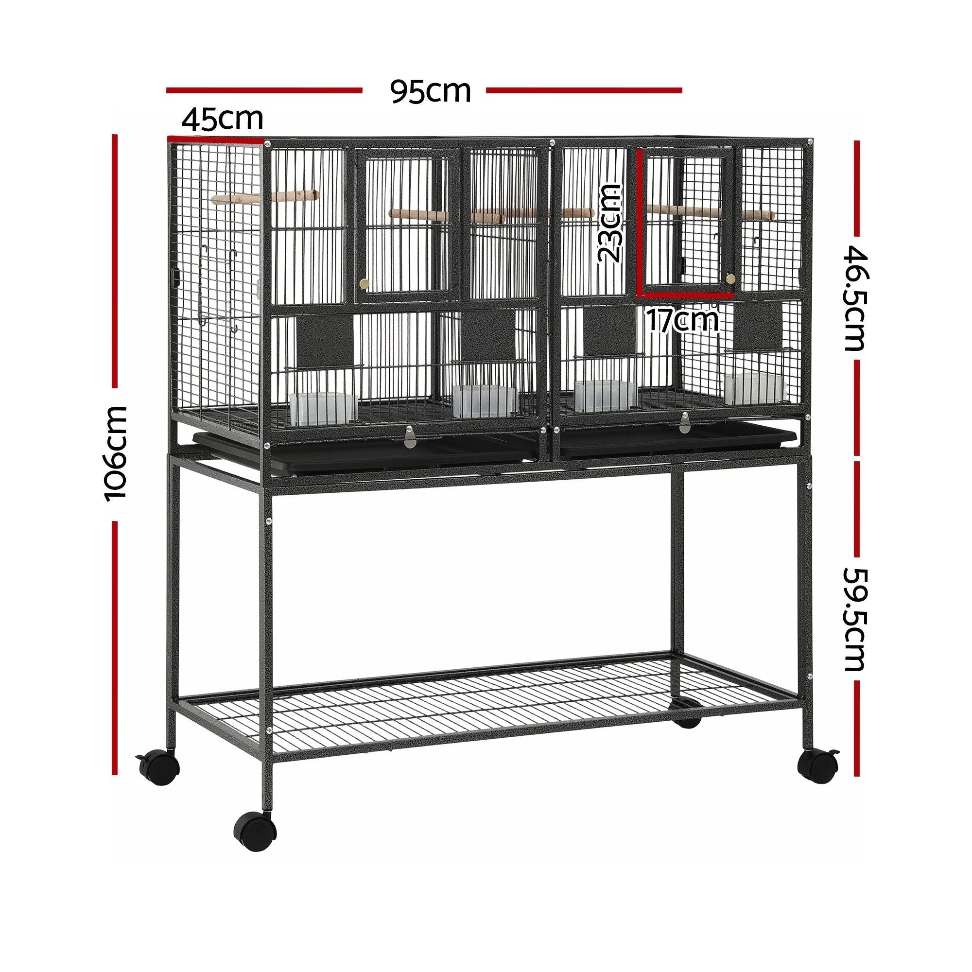 106cm 2-in-1 Bird Cage Aviary with Divider Parrot Budgie Wheels Black - Pet Care > Bird > Bird Cages & Stands - Rivercity House & Home Co. (ABN 18 642 972 209) - Affordable Modern Furniture Australia
