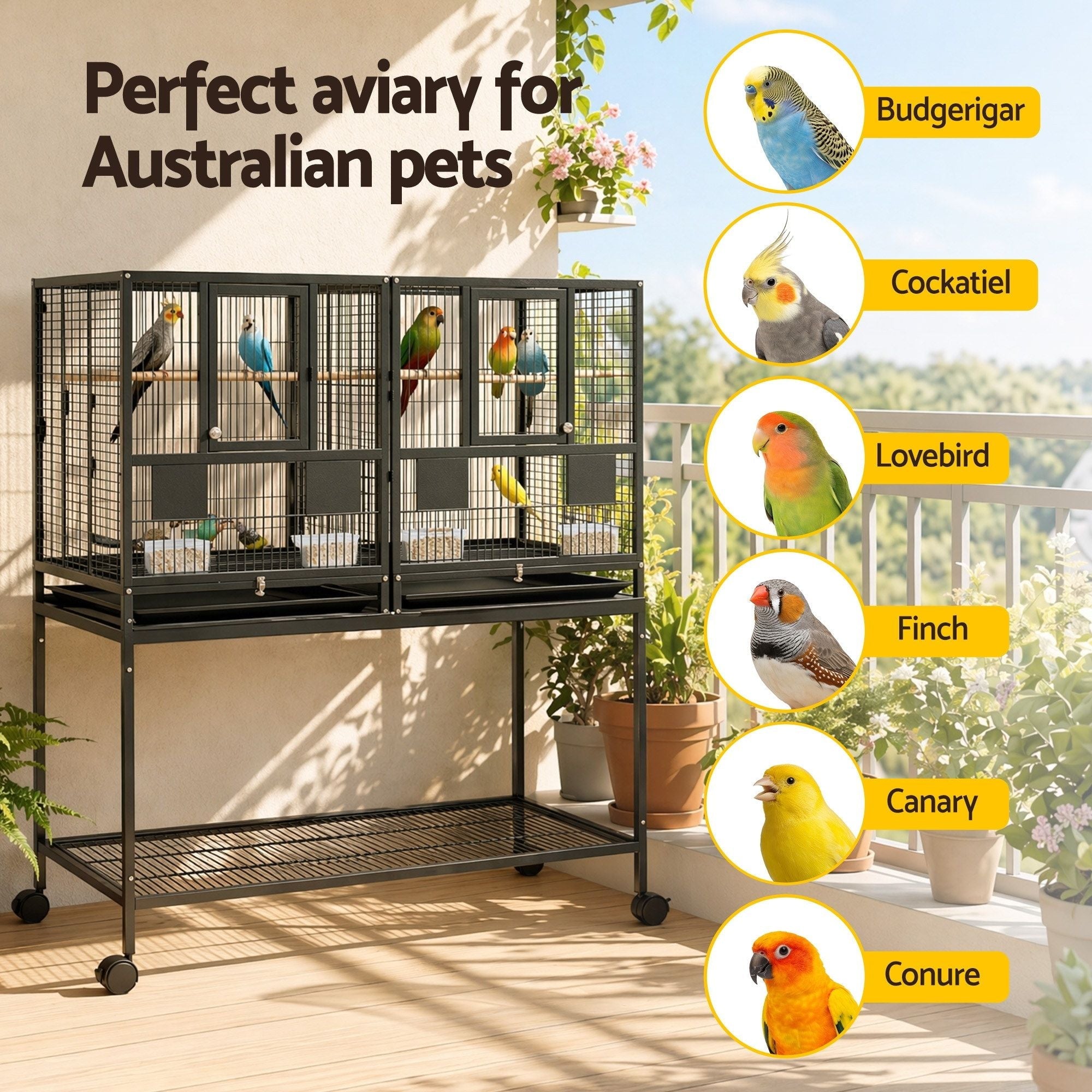 106cm 2-in-1 Bird Cage Aviary with Divider Parrot Budgie Wheels Black - Pet Care > Bird > Bird Cages & Stands - Rivercity House & Home Co. (ABN 18 642 972 209) - Affordable Modern Furniture Australia