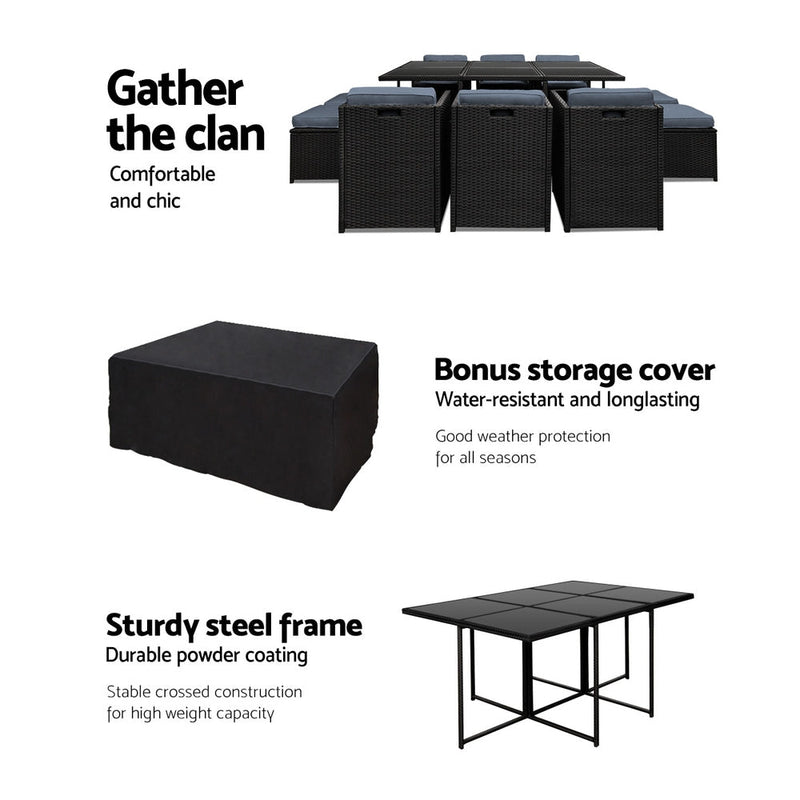 11 Piece Wicker Outdoor Dining Set - Black - Rivercity House & Home Co. (ABN 18 642 972 209) - Affordable Modern Furniture Australia