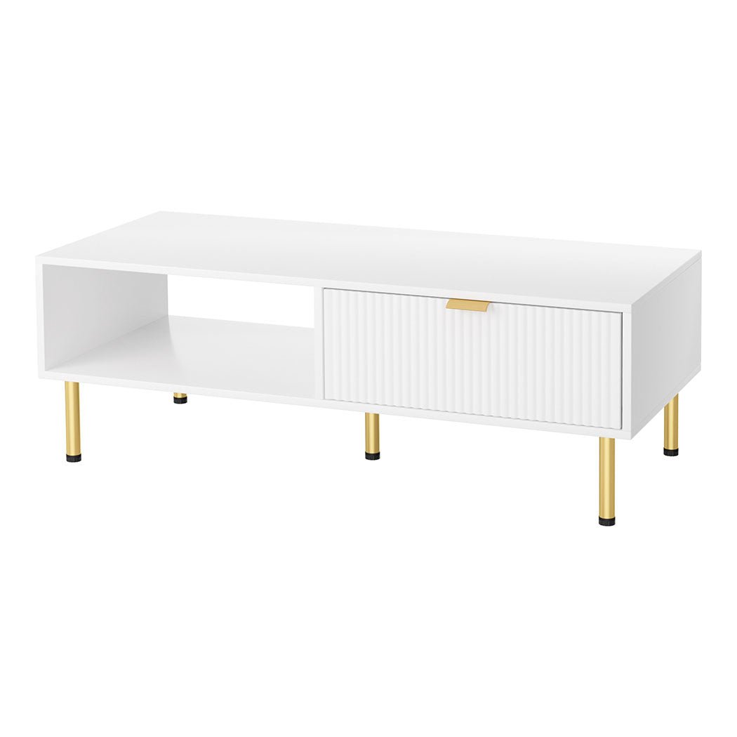 110cm White Coffee Table with Storage Drawer and Open Shelf - White & Gold - Rivercity House & Home Co. (ABN 18 642 972 209) - Affordable Modern Furniture Australia