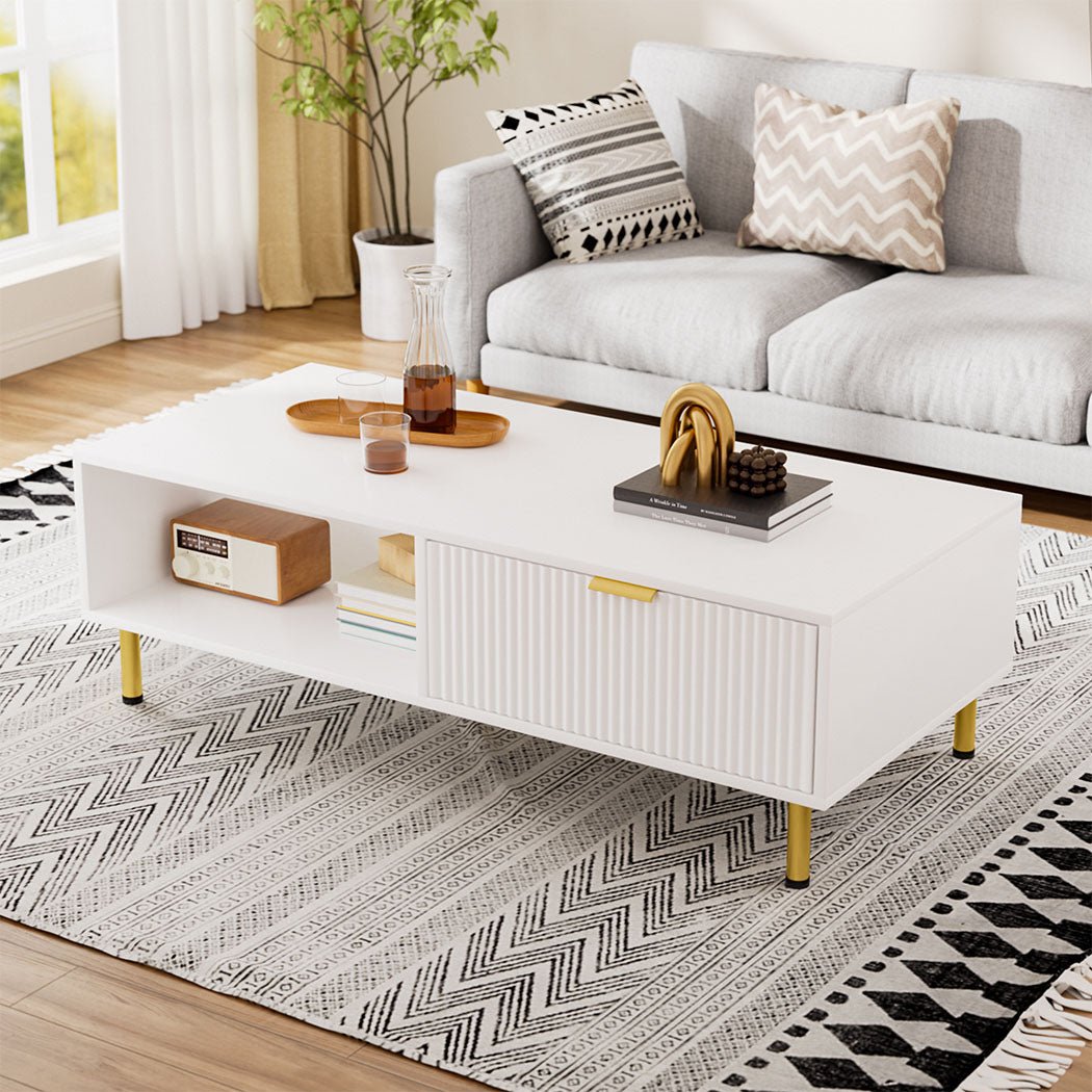 110cm White Coffee Table with Storage Drawer and Open Shelf - White & Gold - Rivercity House & Home Co. (ABN 18 642 972 209) - Affordable Modern Furniture Australia