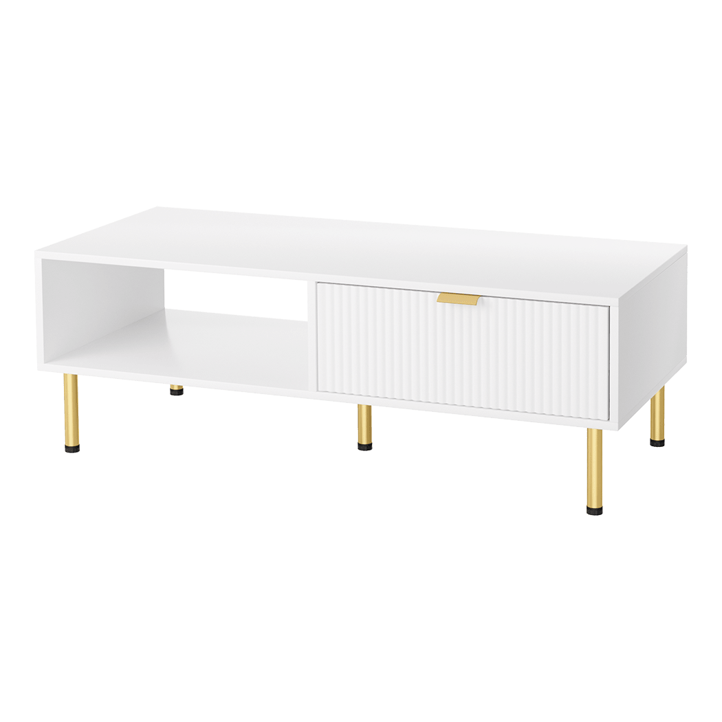 110cm White Coffee Table with Storage Drawer and Open Shelf - White & Gold - Rivercity House & Home Co. (ABN 18 642 972 209) - Affordable Modern Furniture Australia