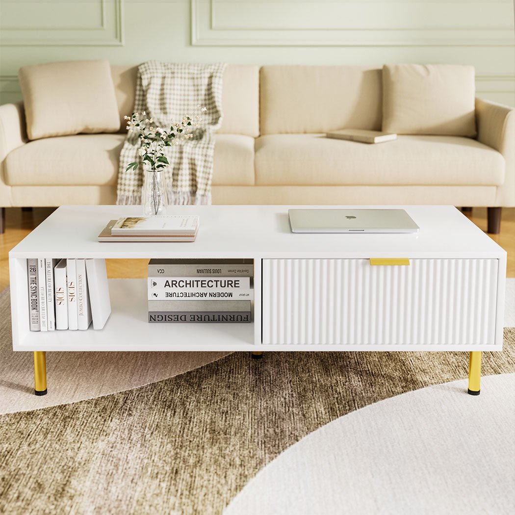 110cm White Coffee Table with Storage Drawer and Open Shelf - White & Gold - Rivercity House & Home Co. (ABN 18 642 972 209) - Affordable Modern Furniture Australia