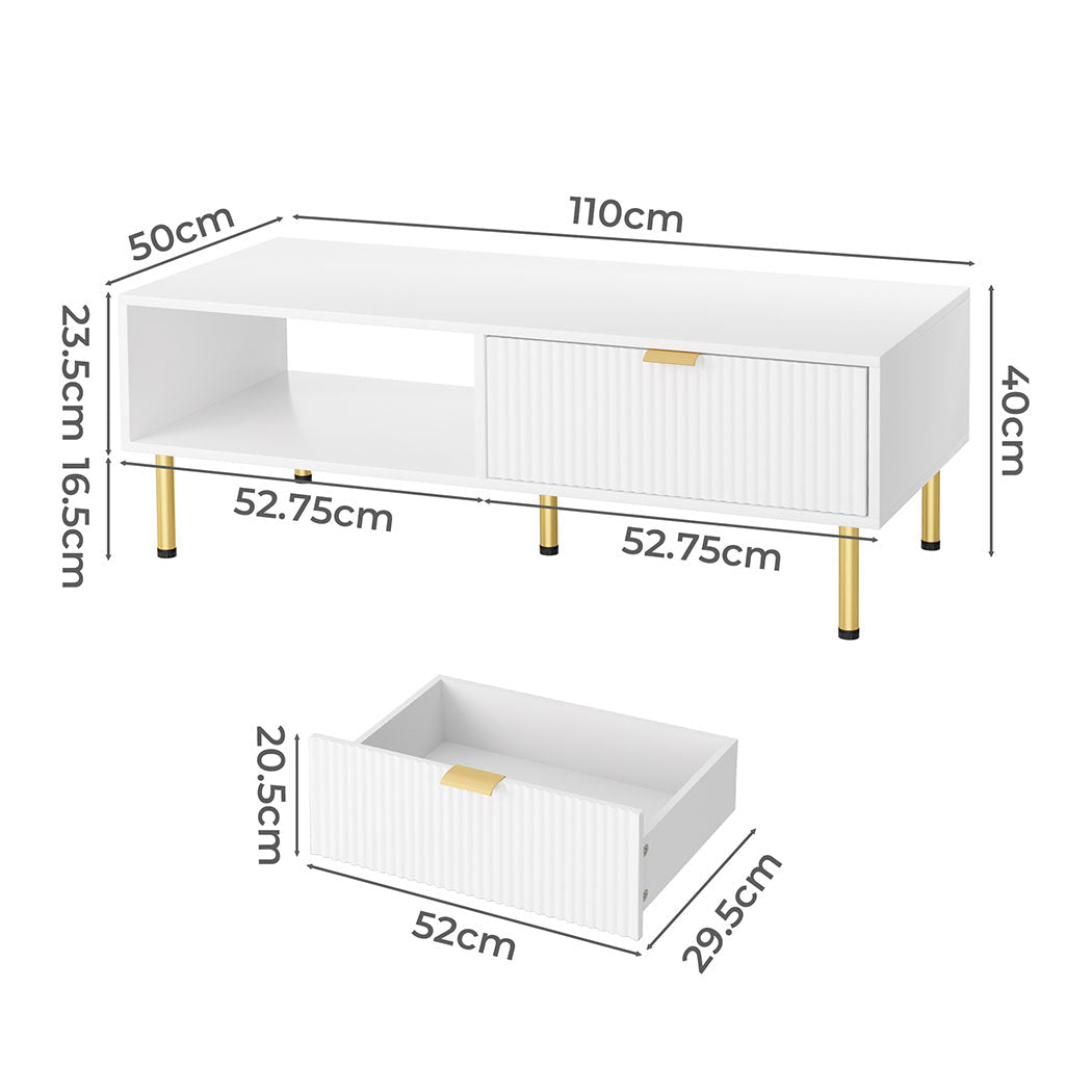110cm White Coffee Table with Storage Drawer and Open Shelf - White & Gold - Rivercity House & Home Co. (ABN 18 642 972 209) - Affordable Modern Furniture Australia