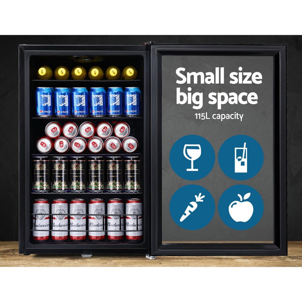 115L Bar Fridge Glass Door w/Light Black - Appliances > Fridges & Freezers > Fridges - Rivercity House & Home Co. (ABN 18 642 972 209) - Affordable Modern Furniture Australia
