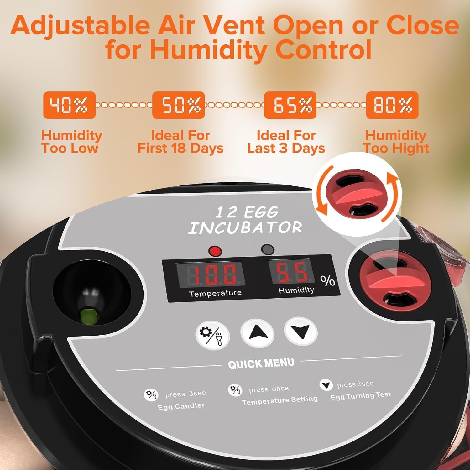 12 Egg Incubator with Automatic Turning, LED Display, Humidity & Temperature Control, Auto Water System, Built - in Egg Candler - White - Appliances > Aroma Diffusers & Humidifiers > Humidifiers - Rivercity House & Home Co. (ABN 18 642 972 209) - Affordable Modern Furniture Australia