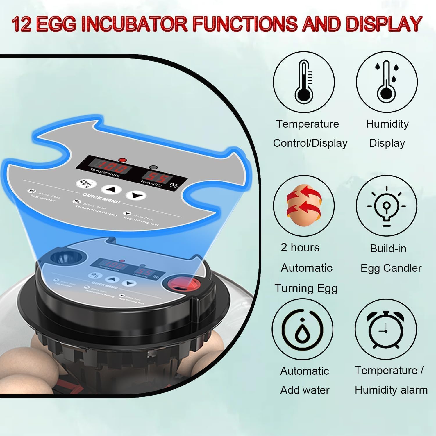12 Egg Incubator with Automatic Turning, LED Display, Humidity & Temperature Control, Auto Water System, Built - in Egg Candler - White - Appliances > Aroma Diffusers & Humidifiers > Humidifiers - Rivercity House & Home Co. (ABN 18 642 972 209) - Affordable Modern Furniture Australia