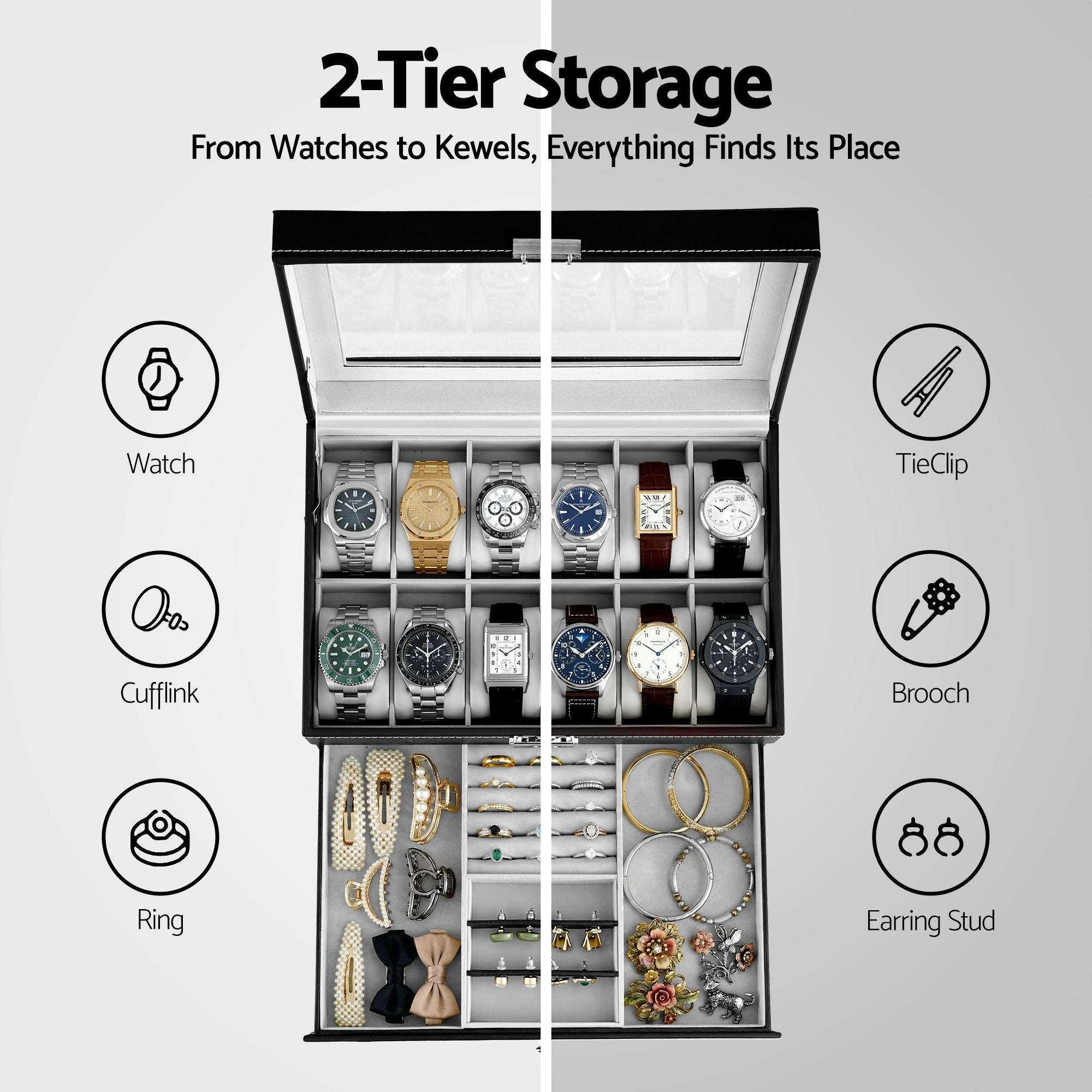 12 Grids Watch Box Organizer Case Jewelry Display Storage Showcase - Fashion > Men's Fashion > Men's Accessories - Rivercity House & Home Co. (ABN 18 642 972 209) - Affordable Modern Furniture Australia