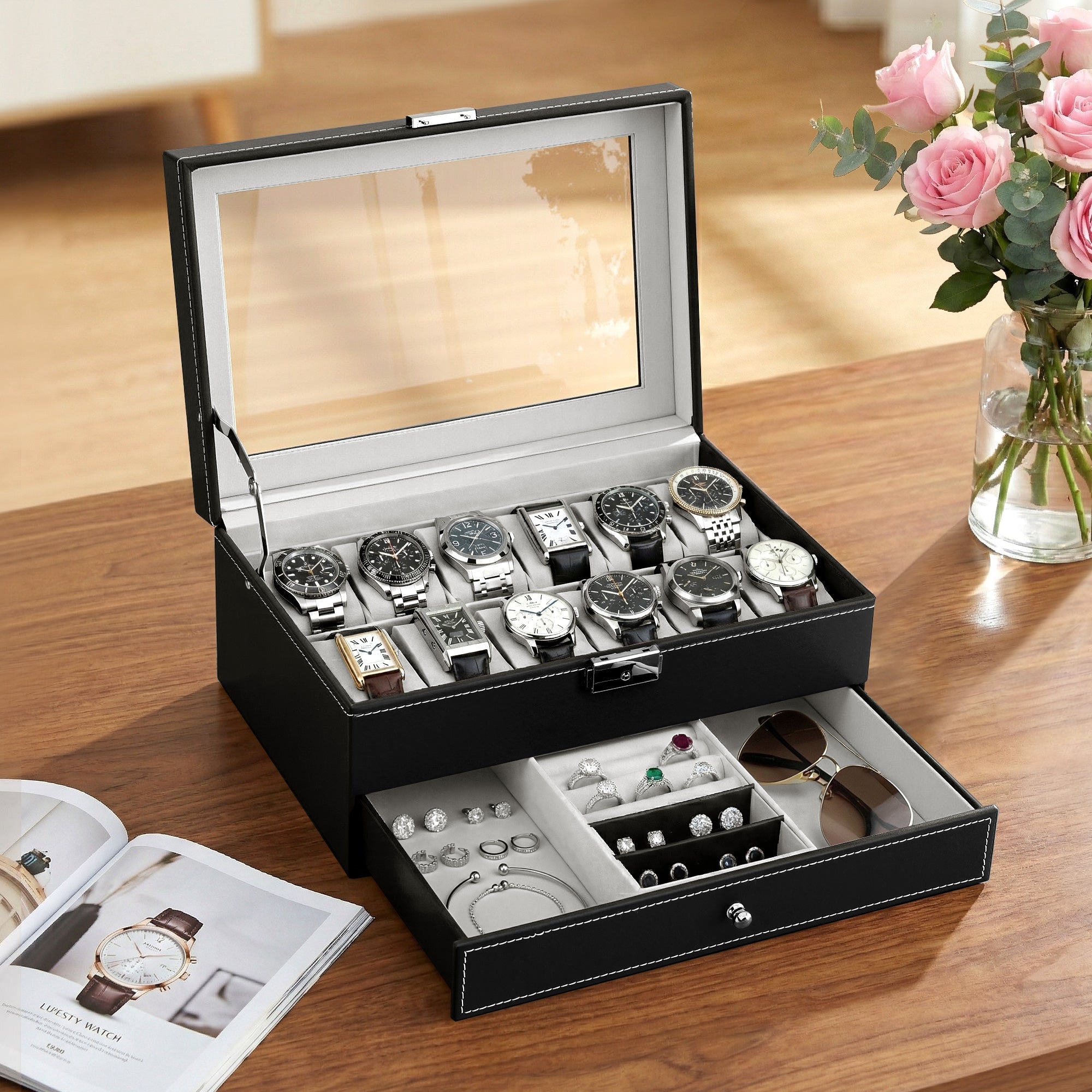 12 Grids Watch Box Organizer Case Jewelry Display Storage Showcase - Fashion > Men's Fashion > Men's Accessories - Rivercity House & Home Co. (ABN 18 642 972 209) - Affordable Modern Furniture Australia