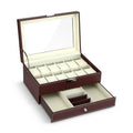 12-Grid Watch Box Organiser with Jewelry Drawer and Glass Display - Brown