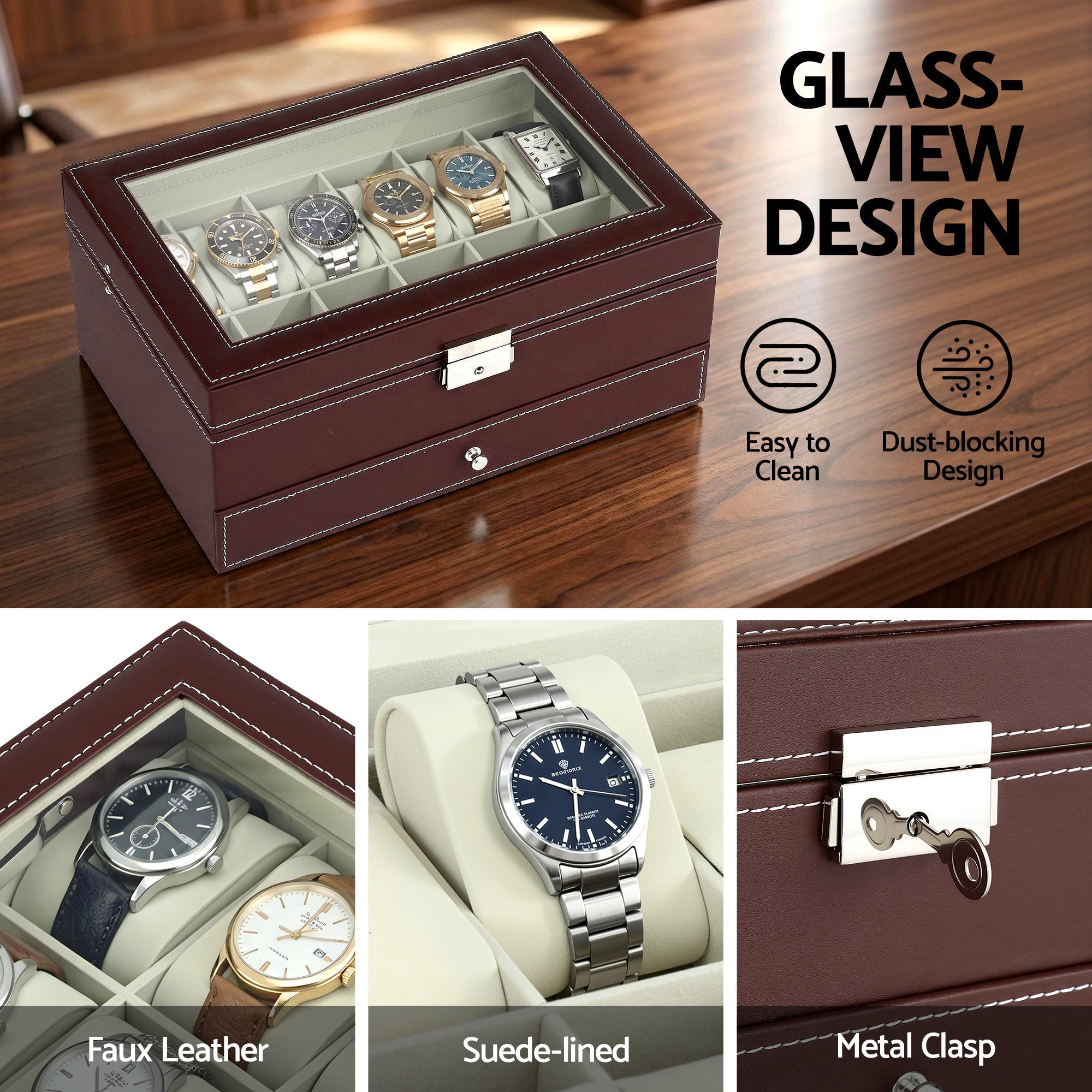 12 Grids Watch Box Organizer Case Jewelry Display Storage Showcase - Fashion > Men's Fashion > Men's Accessories - Rivercity House & Home Co. (ABN 18 642 972 209) - Affordable Modern Furniture Australia