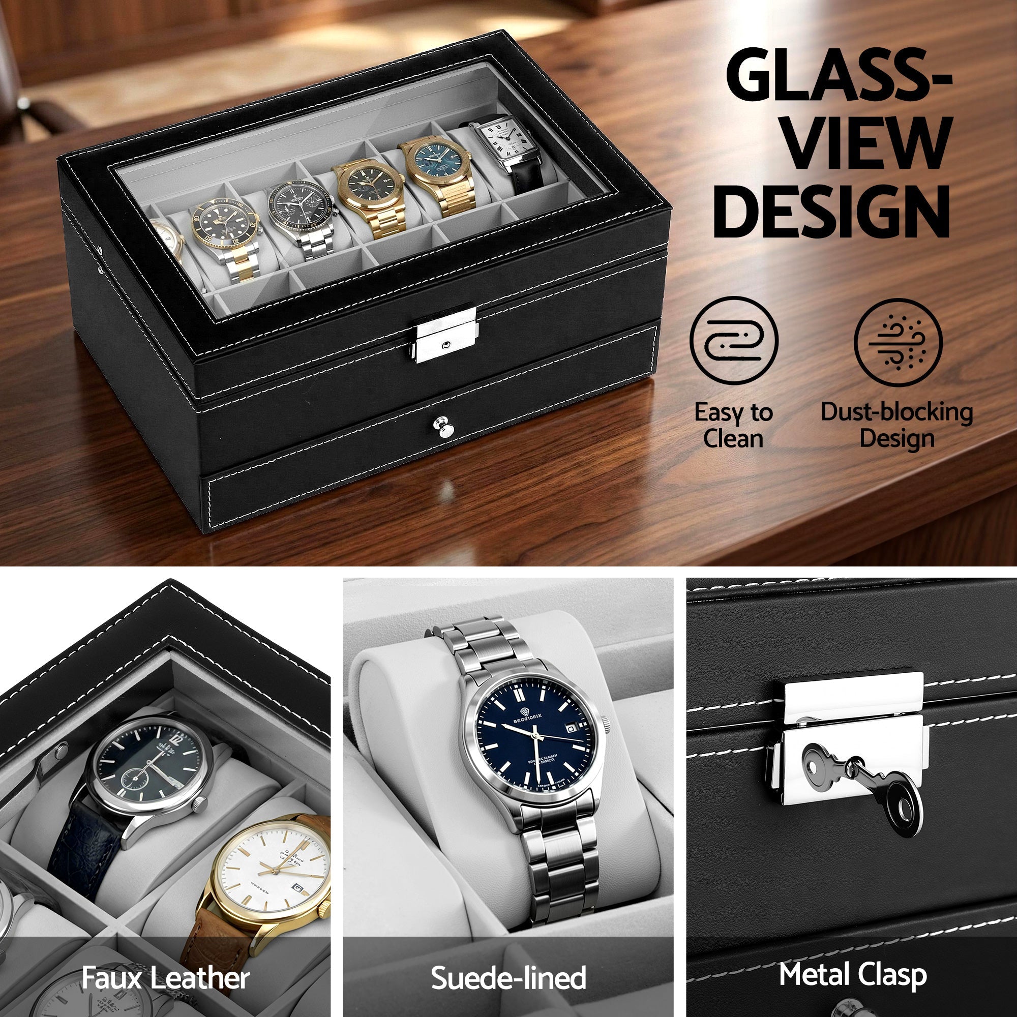 12 Grids Watch Box Organizer Case Jewelry Display Storage Showcase - Fashion > Men's Fashion > Men's Accessories - Rivercity House & Home Co. (ABN 18 642 972 209) - Affordable Modern Furniture Australia