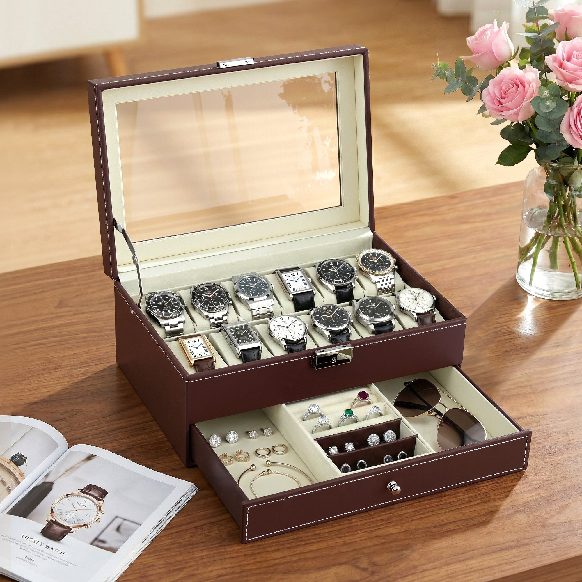 12 Grids Watch Box Organizer Case Jewelry Display Storage Showcase - Fashion > Men's Fashion > Men's Accessories - Rivercity House & Home Co. (ABN 18 642 972 209) - Affordable Modern Furniture Australia
