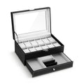12 Grid Watch Box Organiser with Jewelry Storage Display Case - Black