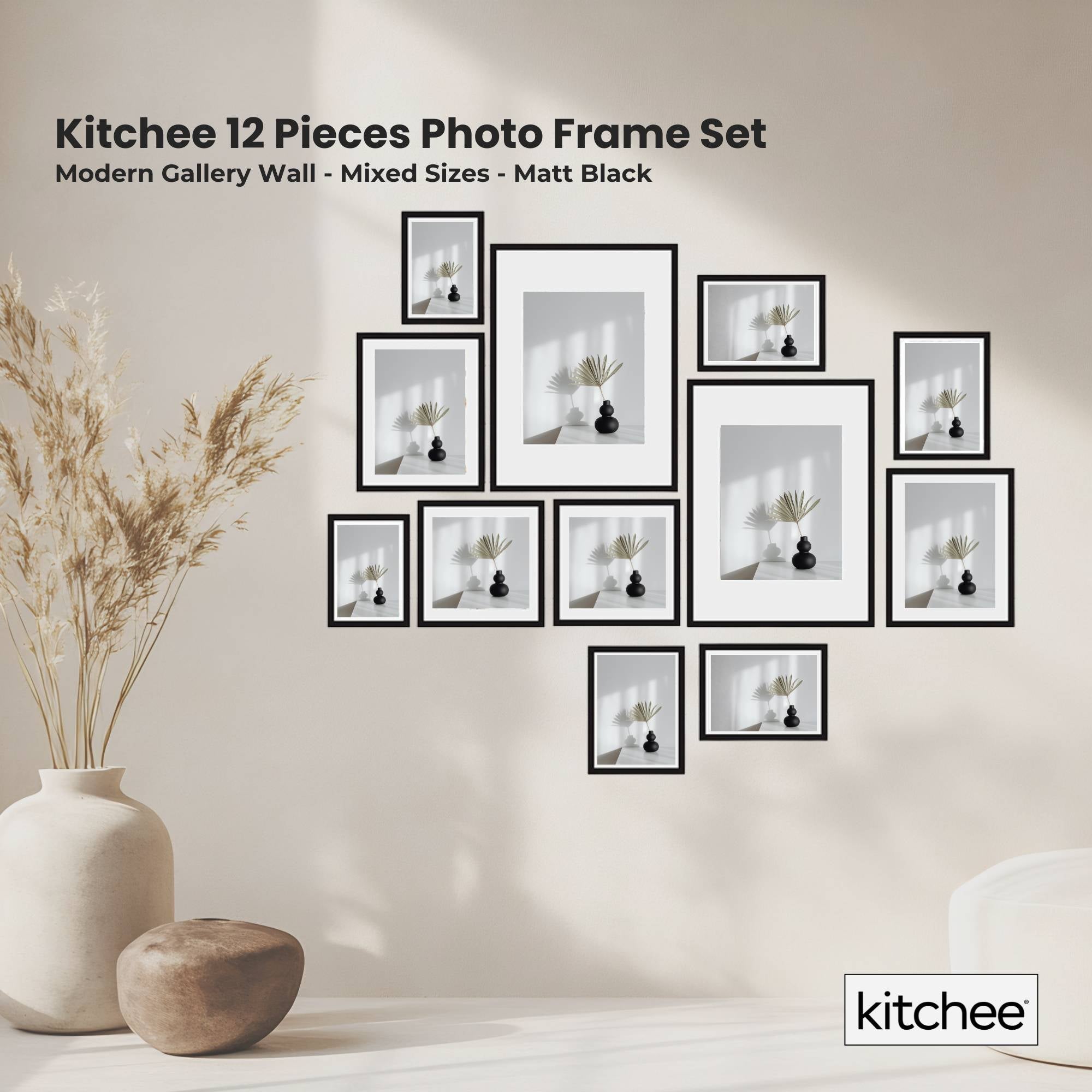 12 Piece Mixed Size Modern Photo Frame Set with Gallery Wall Hooks - Matt Black - Home & Garden > Decor > Picture Frames - Rivercity House & Home Co. (ABN 18 642 972 209) - Affordable Modern Furniture Australia