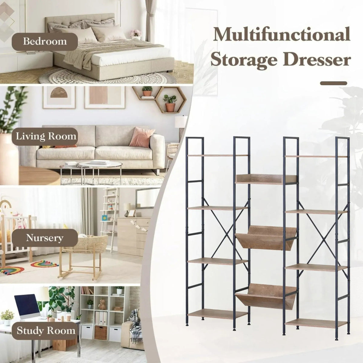 12-Shelf Wood and Metal Bookcase with Angled Display Trays - Brown Rustic Steel - Furniture > Living Room > Bookcases & Shelves - Rivercity House & Home Co. (ABN 18 642 972 209) - Affordable Modern Furniture Australia