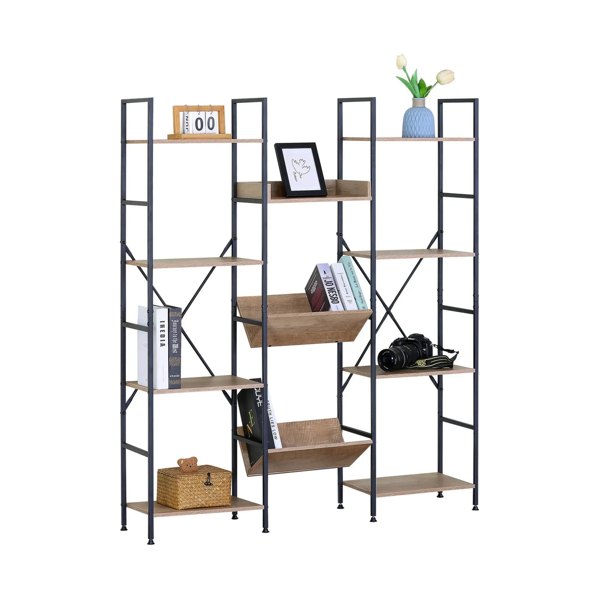 12-Shelf Wood and Metal Bookcase with Angled Display Trays - Brown Rustic Steel - Furniture > Living Room > Bookcases & Shelves - Rivercity House & Home Co. (ABN 18 642 972 209) - Affordable Modern Furniture Australia