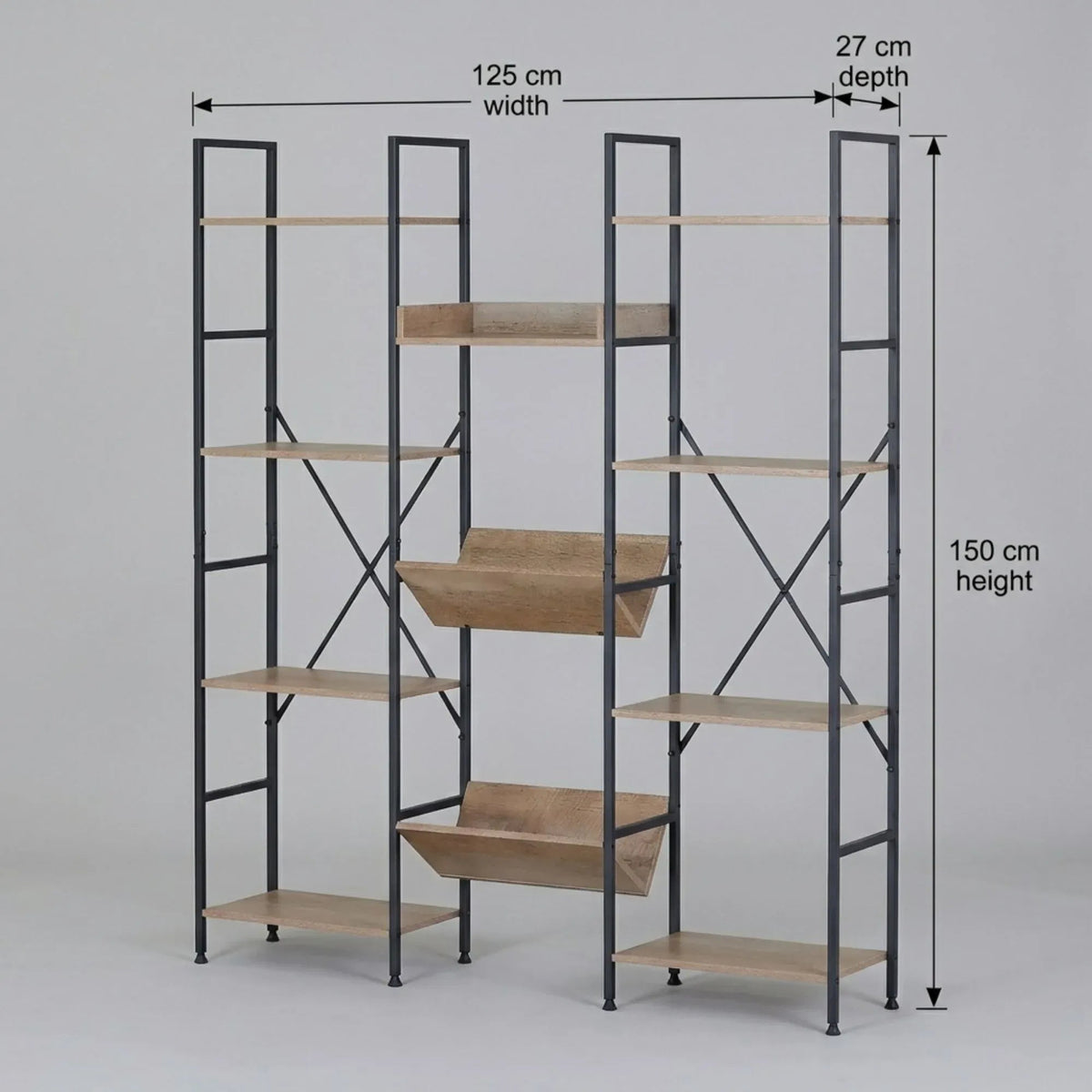 12-Shelf Wood and Metal Bookcase with Angled Display Trays - Brown Rustic Steel - Furniture > Living Room > Bookcases & Shelves - Rivercity House & Home Co. (ABN 18 642 972 209) - Affordable Modern Furniture Australia
