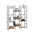 12-Shelf Wood and Metal Bookcase with Angled Display Trays - Brown Rustic Steel