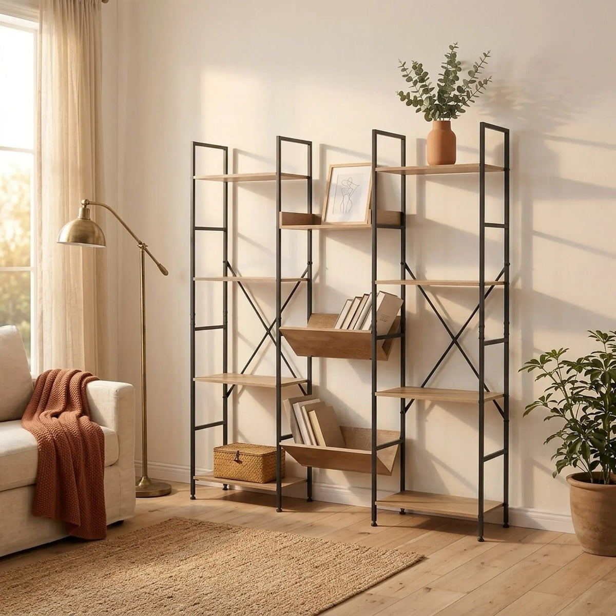 12-Shelf Wood and Metal Bookcase with Angled Display Trays - Brown Rustic Steel - Furniture > Living Room > Bookcases & Shelves - Rivercity House & Home Co. (ABN 18 642 972 209) - Affordable Modern Furniture Australia