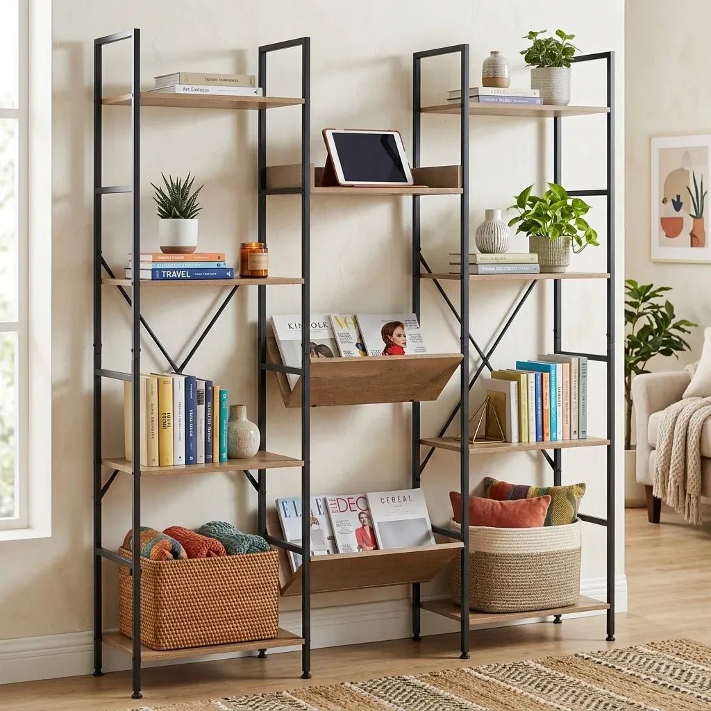 12-Shelf Wood and Metal Bookcase with Angled Display Trays - Brown Rustic Steel - Furniture > Living Room > Bookcases & Shelves - Rivercity House & Home Co. (ABN 18 642 972 209) - Affordable Modern Furniture Australia