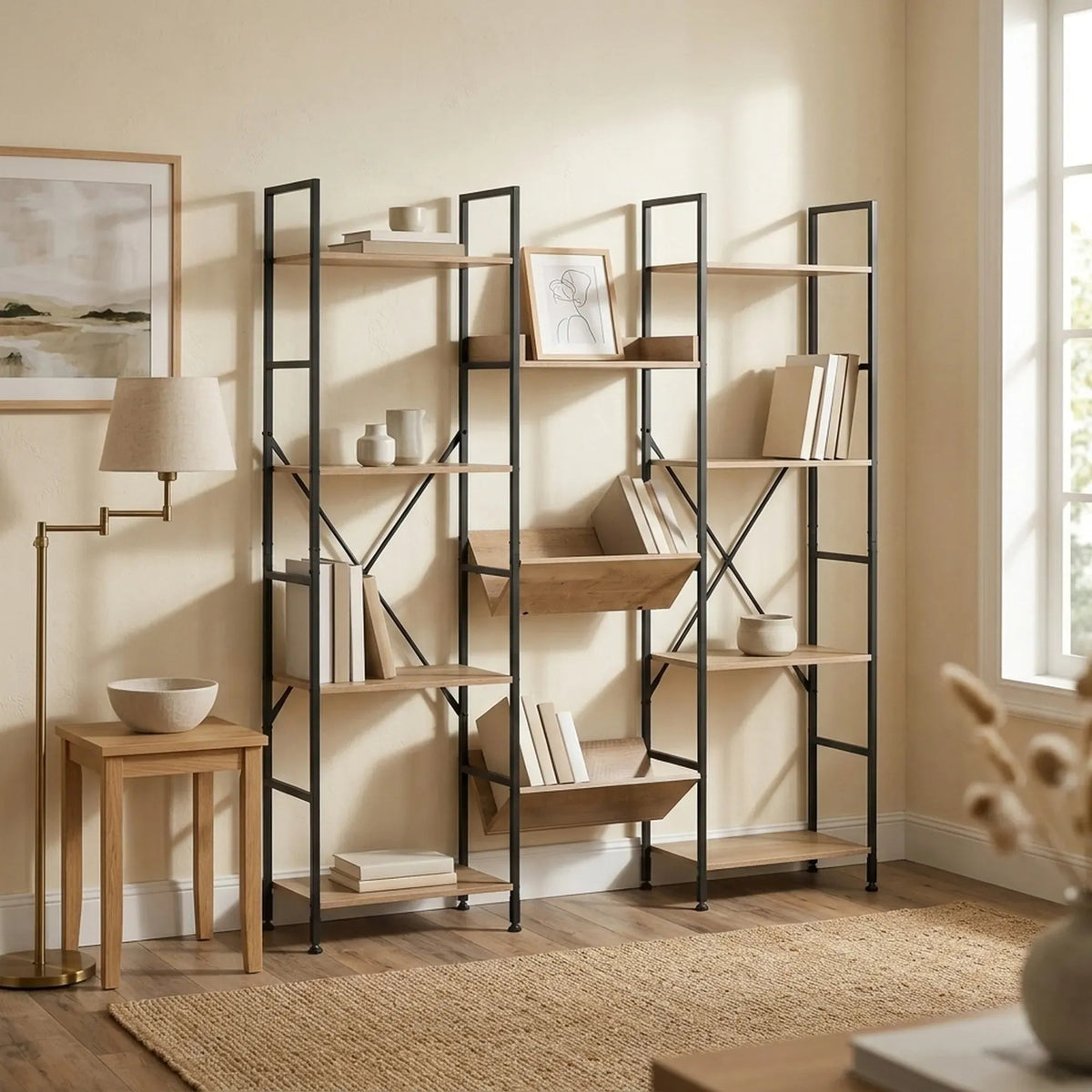12-Shelf Wood and Metal Bookcase with Angled Display Trays - Brown Rustic Steel - Furniture > Living Room > Bookcases & Shelves - Rivercity House & Home Co. (ABN 18 642 972 209) - Affordable Modern Furniture Australia
