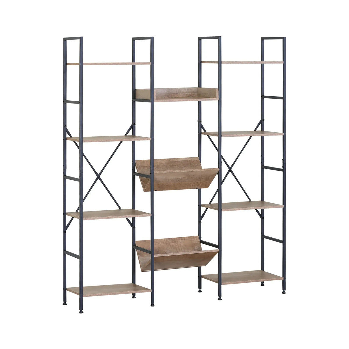 12-Shelf Wood and Metal Bookcase with Angled Display Trays - Brown Rustic Steel - Furniture > Living Room > Bookcases & Shelves - Rivercity House & Home Co. (ABN 18 642 972 209) - Affordable Modern Furniture Australia