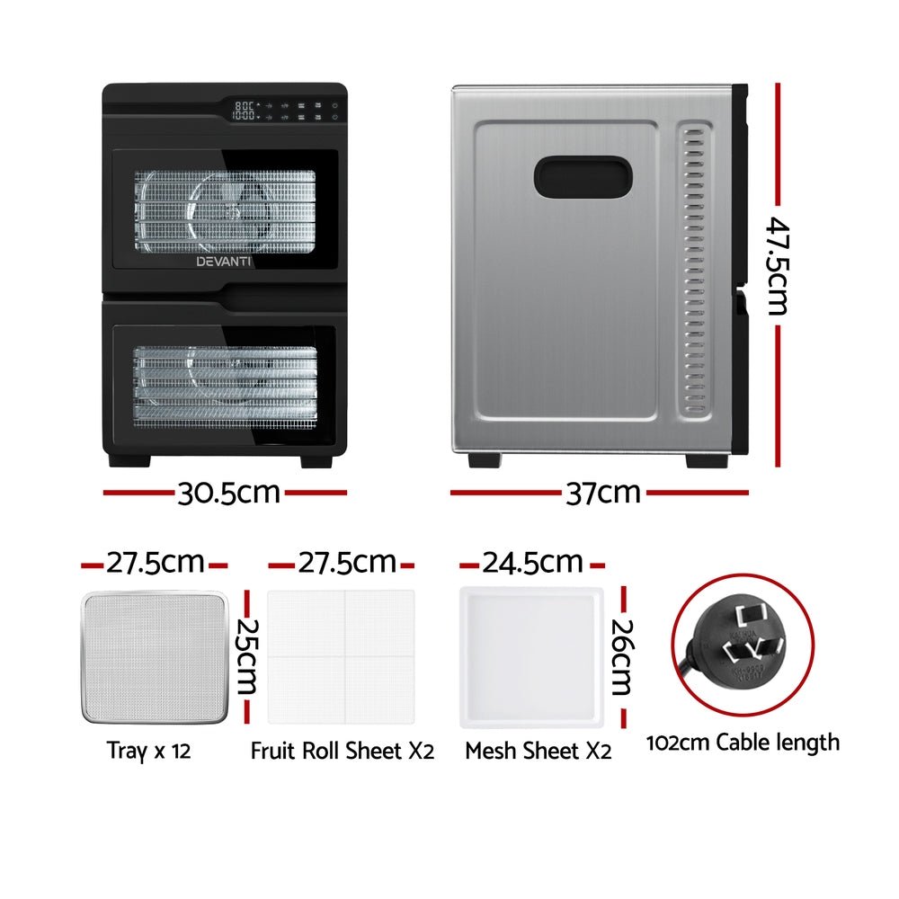 12 Trays Food Dehydrator Dual - Zone Stainless Steel Fruit Jerky Dryer - Appliances > Kitchen Appliances > Food Dehydrators - Rivercity House & Home Co. (ABN 18 642 972 209) - Affordable Modern Furniture Australia