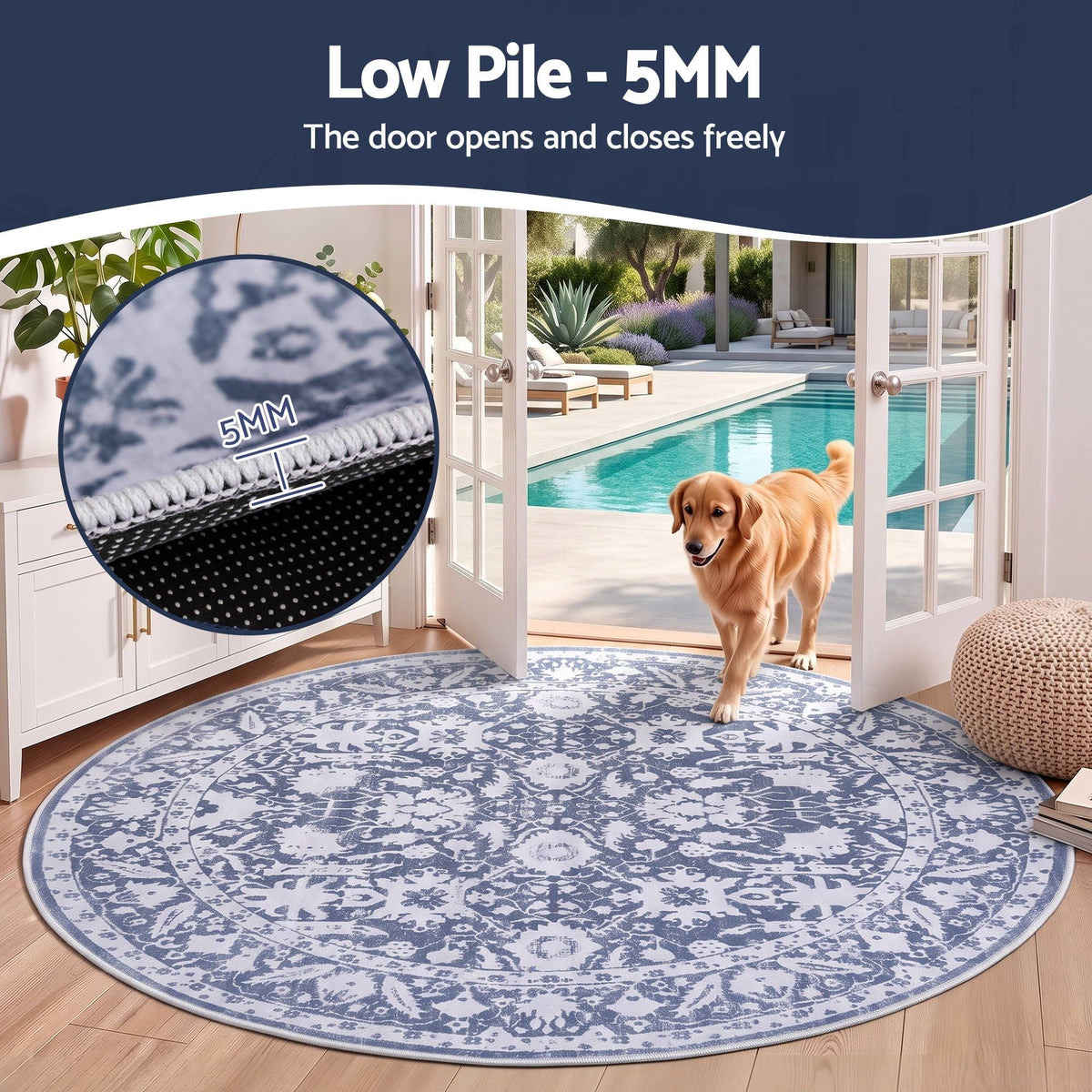 120 cm Round Rug with Pad-Free Dense Dot Anti-Slip Backing for Living Room and Dining Area, Washable Polyester - Home & Garden > Rugs > Round Rugs - Rivercity House & Home Co. (ABN 18 642 972 209) - Affordable Modern Furniture Australia