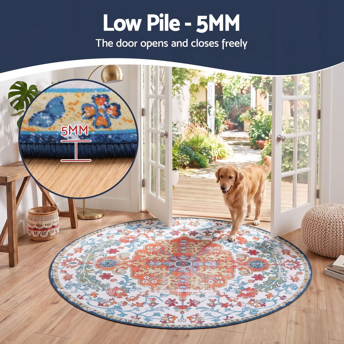 120 cm Round Ultra Thin Foldable Area Rug with Silicone Grip for Living Room and Bedroom - Vintage Boho - Home & Garden > Rugs > Round Rugs - Rivercity House & Home Co. (ABN 18 642 972 209) - Affordable Modern Furniture Australia