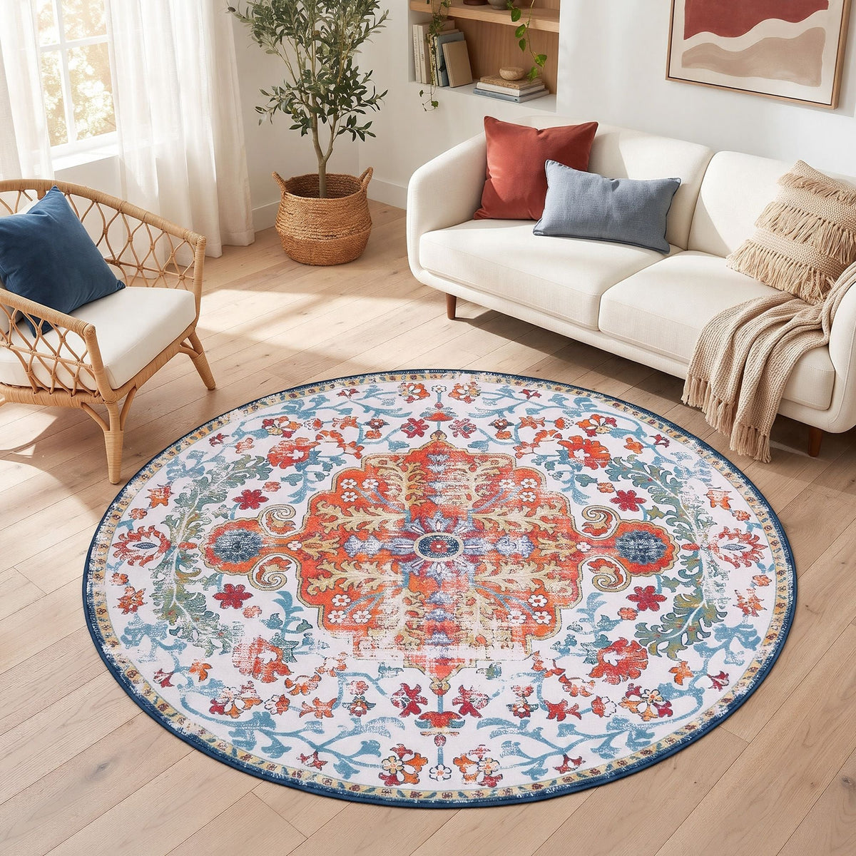 120 cm Round Ultra Thin Foldable Area Rug with Silicone Grip for Living Room and Bedroom - Vintage Boho - Home & Garden > Rugs > Round Rugs - Rivercity House & Home Co. (ABN 18 642 972 209) - Affordable Modern Furniture Australia