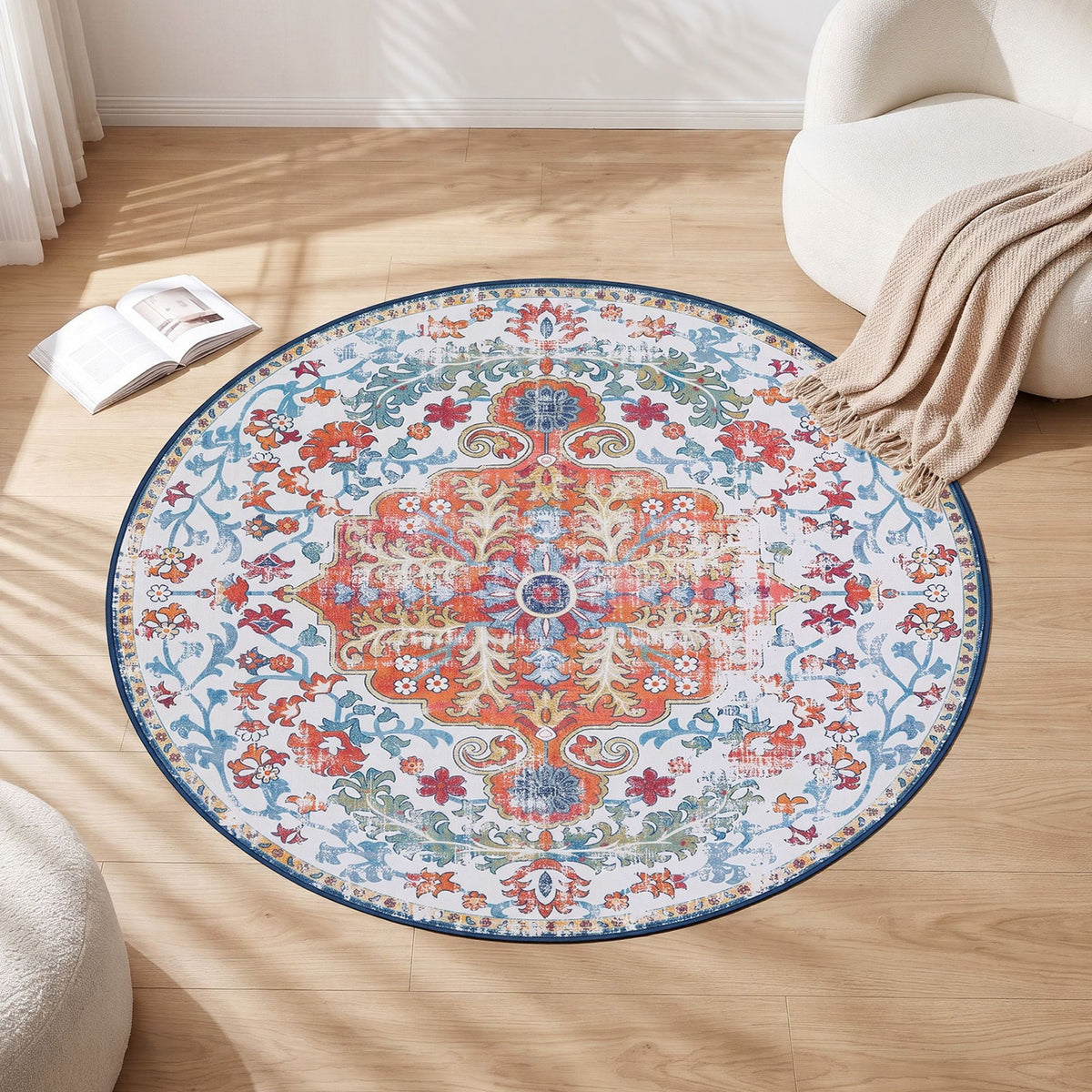 120 cm Round Ultra Thin Foldable Area Rug with Silicone Grip for Living Room and Bedroom - Vintage Boho - Home & Garden > Rugs > Round Rugs - Rivercity House & Home Co. (ABN 18 642 972 209) - Affordable Modern Furniture Australia