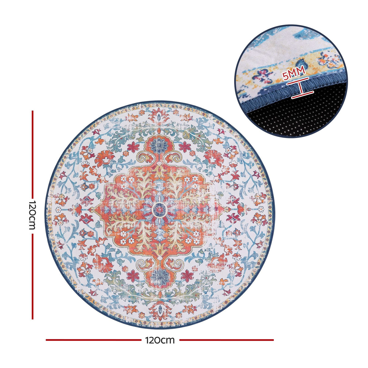 120 cm Round Ultra Thin Foldable Area Rug with Silicone Grip for Living Room and Bedroom - Vintage Boho - Home & Garden > Rugs > Round Rugs - Rivercity House & Home Co. (ABN 18 642 972 209) - Affordable Modern Furniture Australia