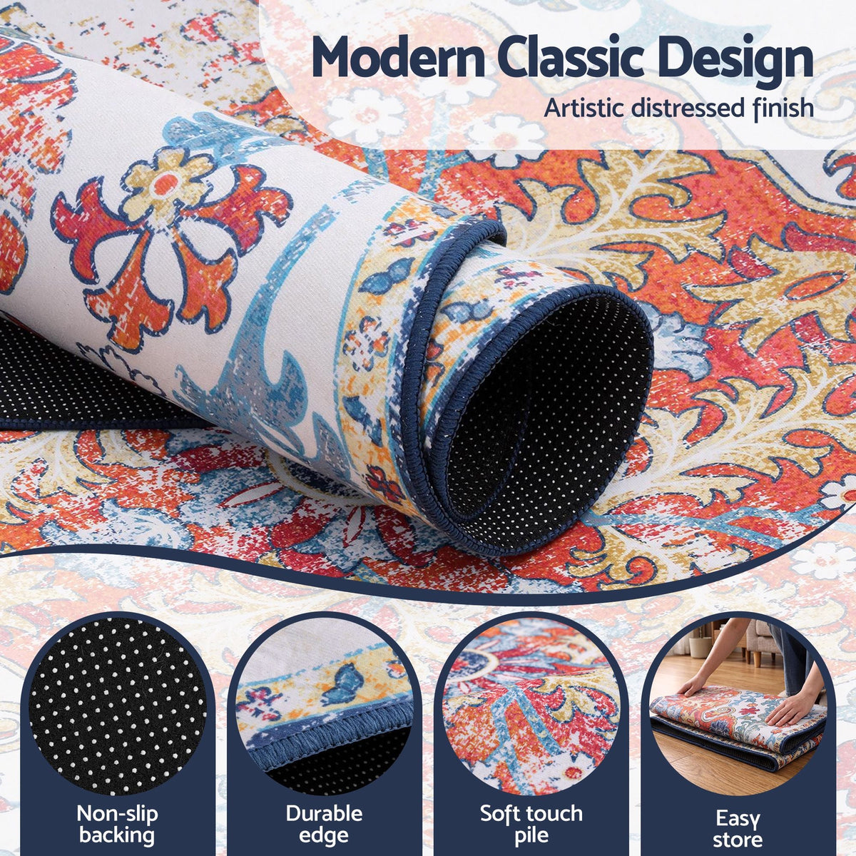 120 cm Round Ultra Thin Foldable Area Rug with Silicone Grip for Living Room and Bedroom - Vintage Boho - Home & Garden > Rugs > Round Rugs - Rivercity House & Home Co. (ABN 18 642 972 209) - Affordable Modern Furniture Australia