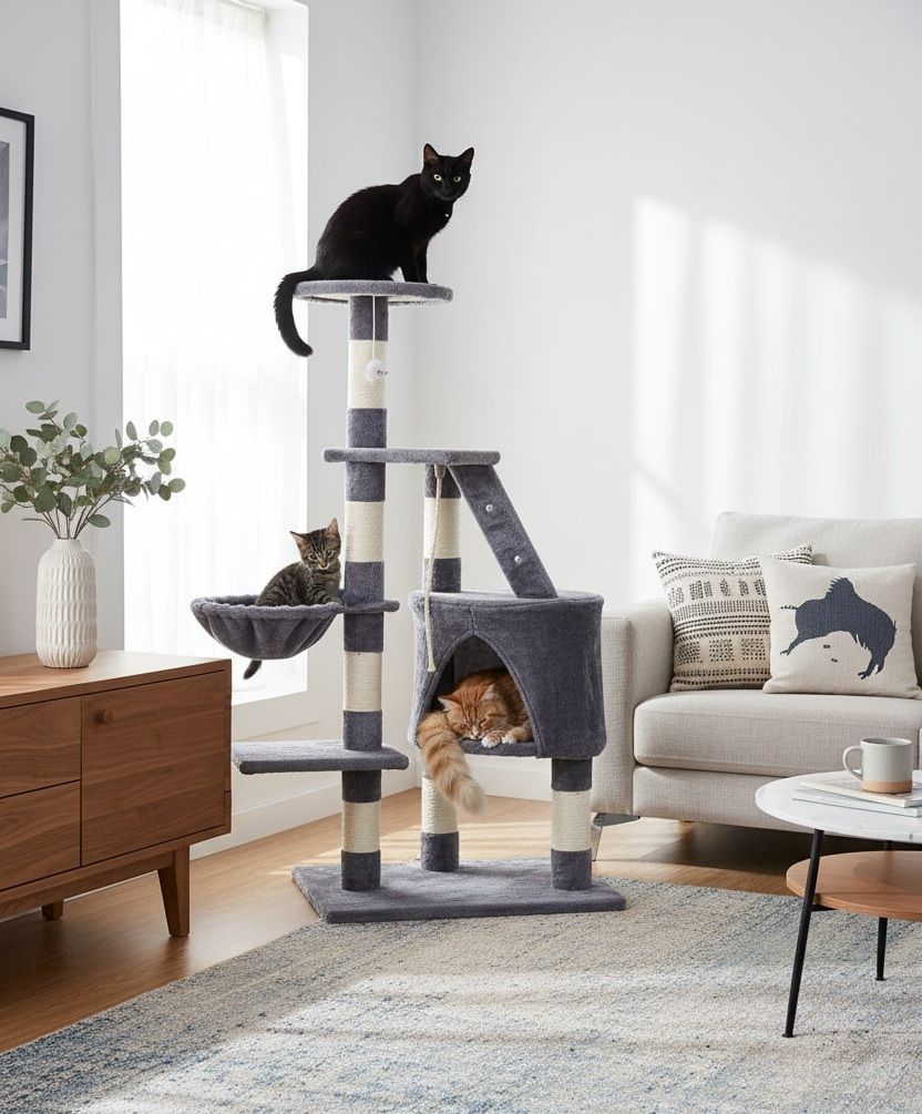 120cm Indoor Cat Tree with Condo, Hammock & Plush Perch for Kittens & Adult Cats - Neutral - Home & Garden > Artificial Plants > Artificial Trees - Rivercity House & Home Co. (ABN 18 642 972 209) - Affordable Modern Furniture Australia