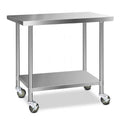 1219x610mm Stainless Steel Kitchen Bench with Lockable Wheels - Silver