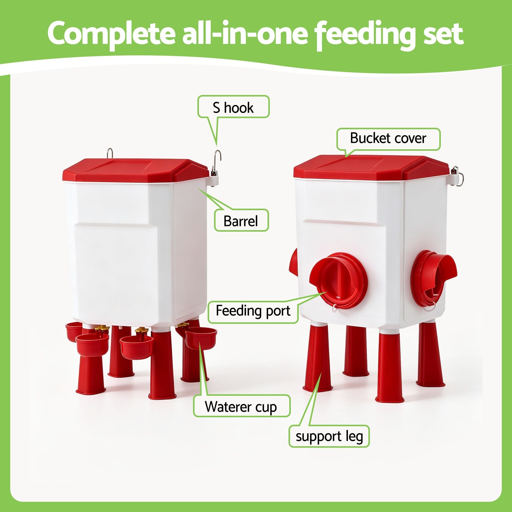 12kg Chicken Feeder and 11L Poultry Waterer Set Large Capacity - White and Red - Pet Care > Cat Supplies > Cat Bowls, Feeders & Waterers - Rivercity House & Home Co. (ABN 18 642 972 209) - Affordable Modern Furniture Australia