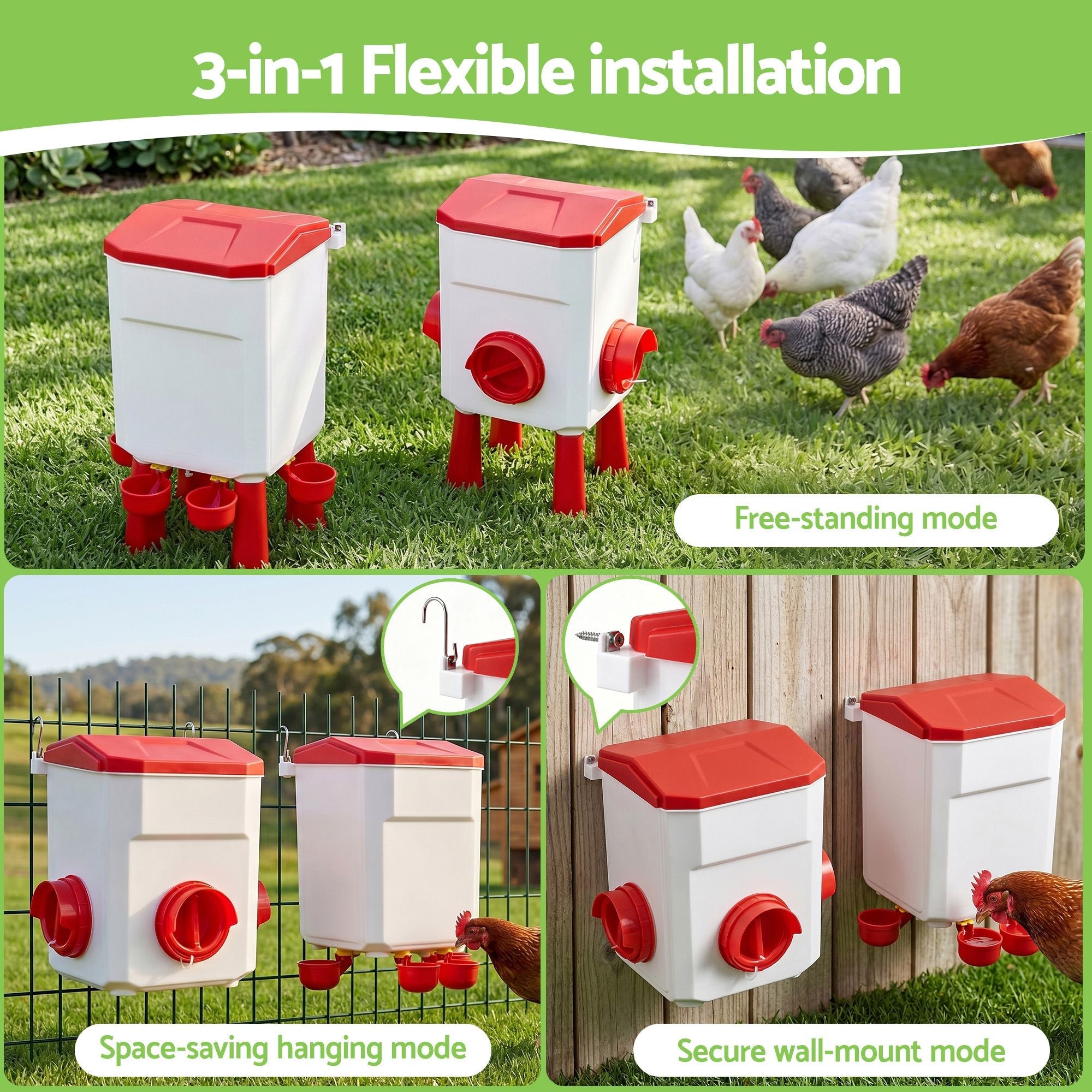 12kg Chicken Feeder and 11L Poultry Waterer Set Large Capacity - White and Red - Pet Care > Cat Supplies > Cat Bowls, Feeders & Waterers - Rivercity House & Home Co. (ABN 18 642 972 209) - Affordable Modern Furniture Australia
