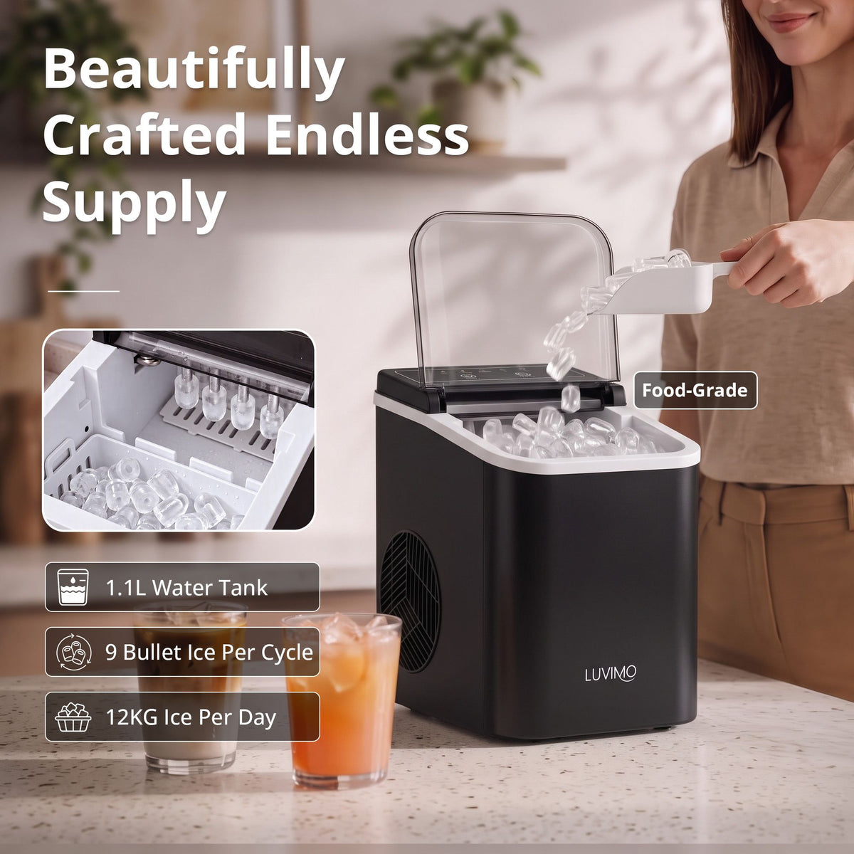 12kg Countertop Ice Maker Machine with Full Open Cover for Deep Cleaning - Black - Appliances > Kitchen Appliances > Ice Makers - Rivercity House & Home Co. (ABN 18 642 972 209) - Affordable Modern Furniture Australia
