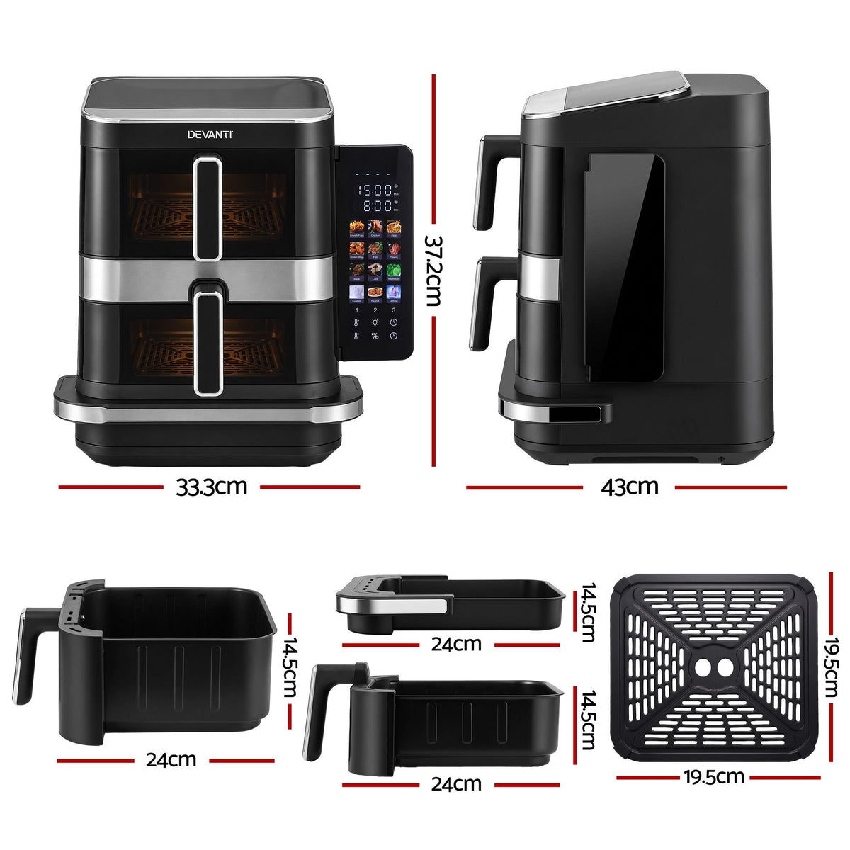 12L Dual Basket Air Fryer with 10 Inch Pizza Maker, 2800W, Touch Control - Black - Appliances > Kitchen Appliances > Air Fryers - Rivercity House & Home Co. (ABN 18 642 972 209) - Affordable Modern Furniture Australia